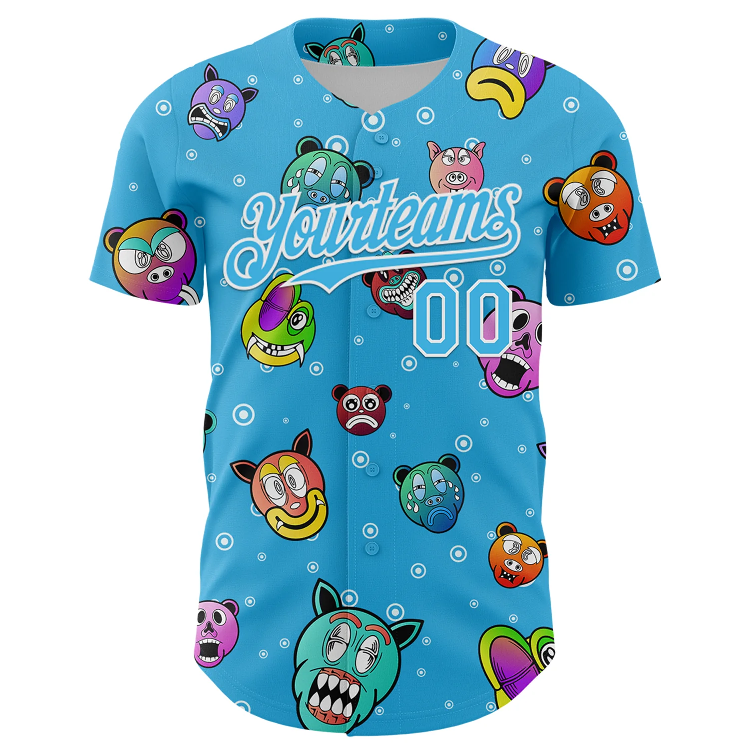 Custom Sky Blue White 3D Pattern Design Funny Cartoon Animal Authentic Baseball Jersey