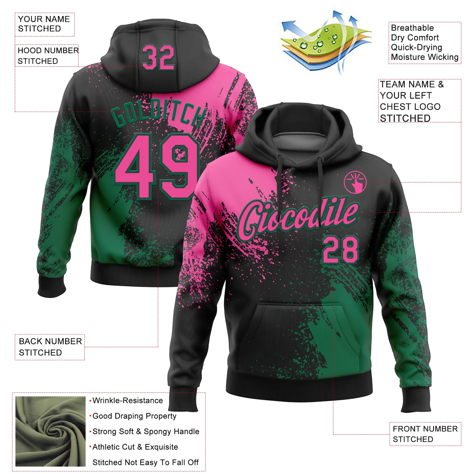 Custom Stitched Black Pink-Kelly Green 3D Pattern Design Abstract Brush Stroke Sports Pullover Sweatshirt Hoodie