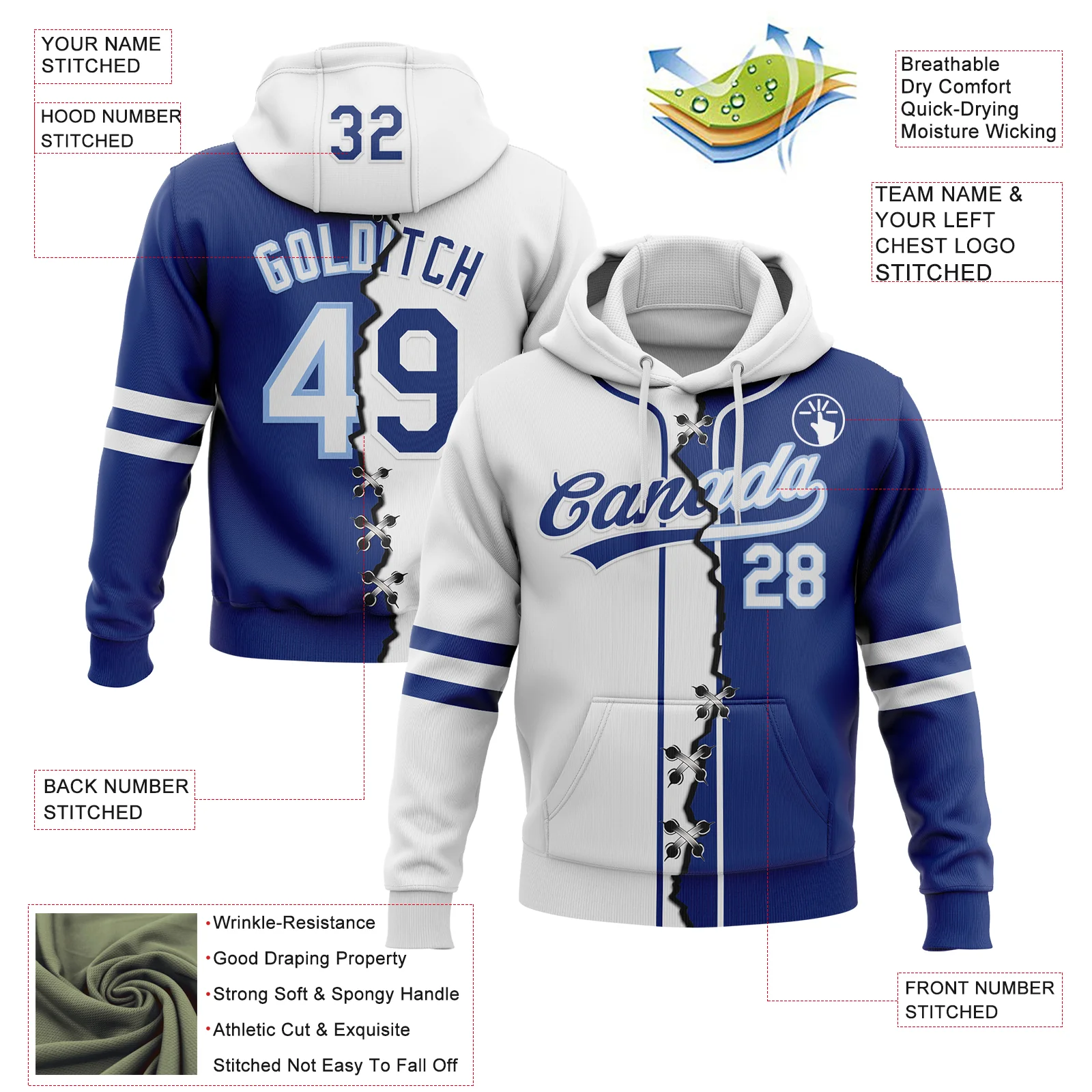 Custom Royal White-Light Blue Split Ripped Pattern Baseball Pullover Sweatshirt Hoodie