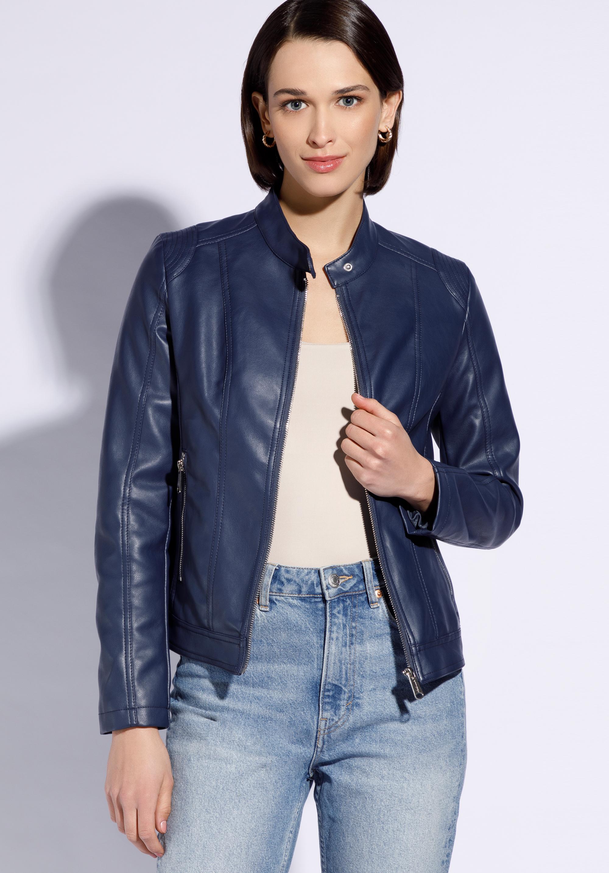 Damska kurtka z ekoskóry ze stójką prosta