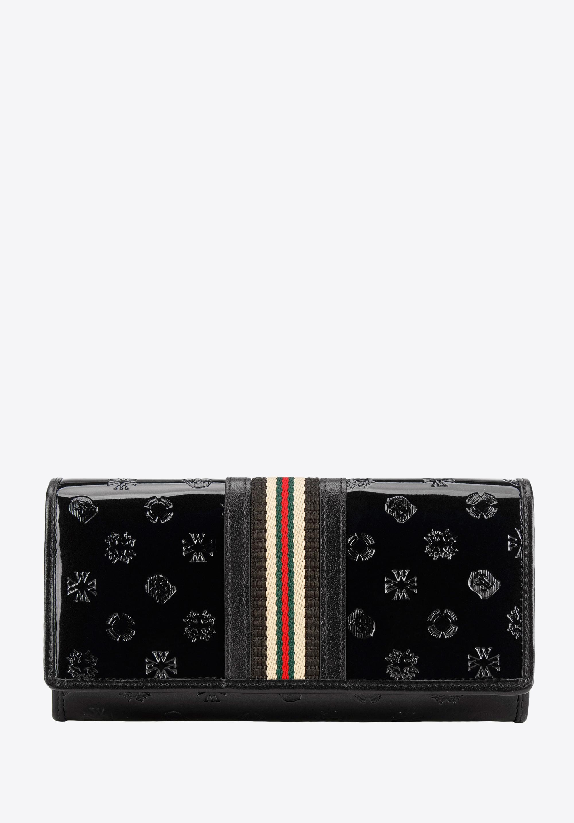 Damski portfel z lakierowanej skóry z monogramem i tasiemką