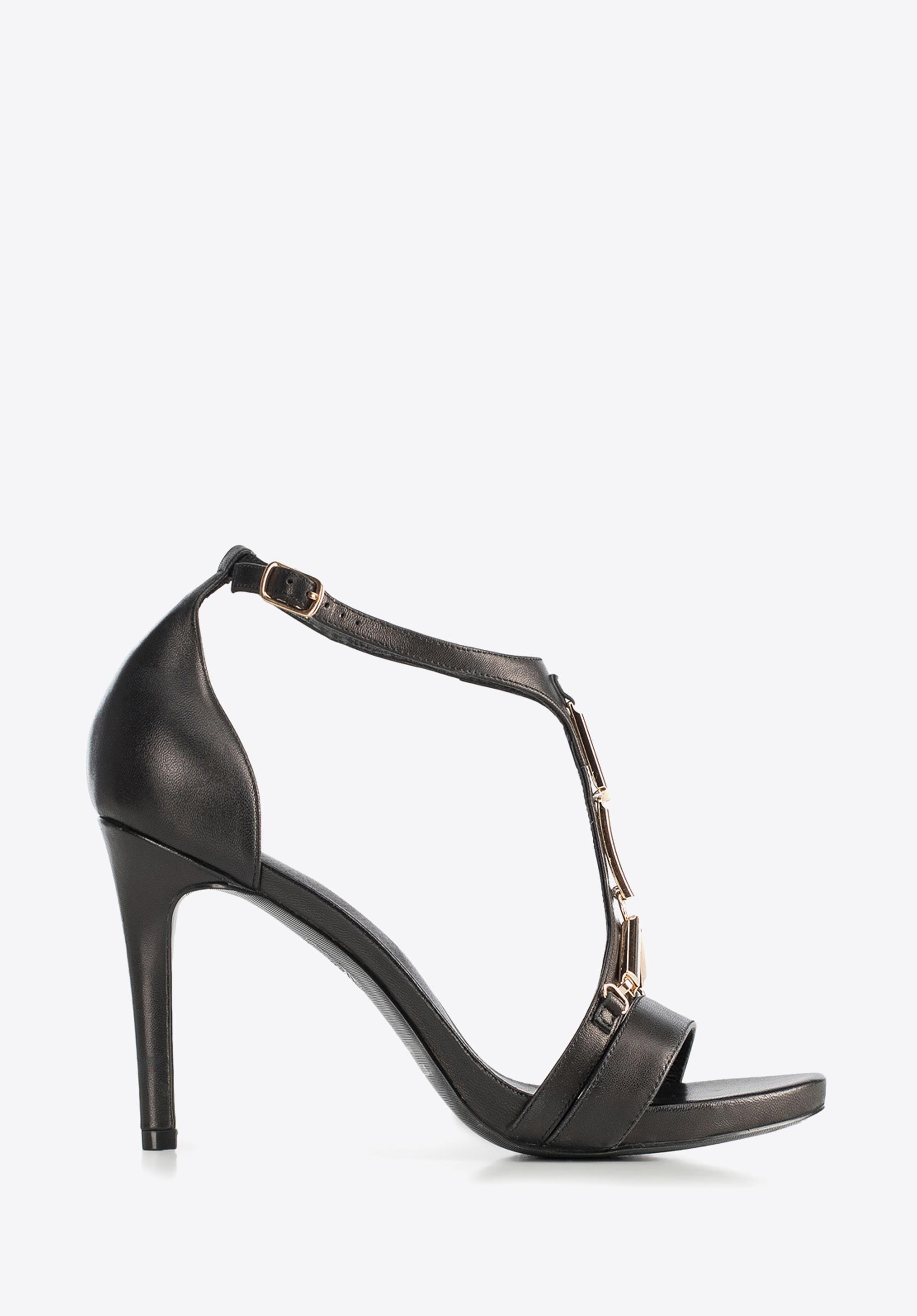 Damskie sandały skórzane na szpilce ze złotą ozdobą