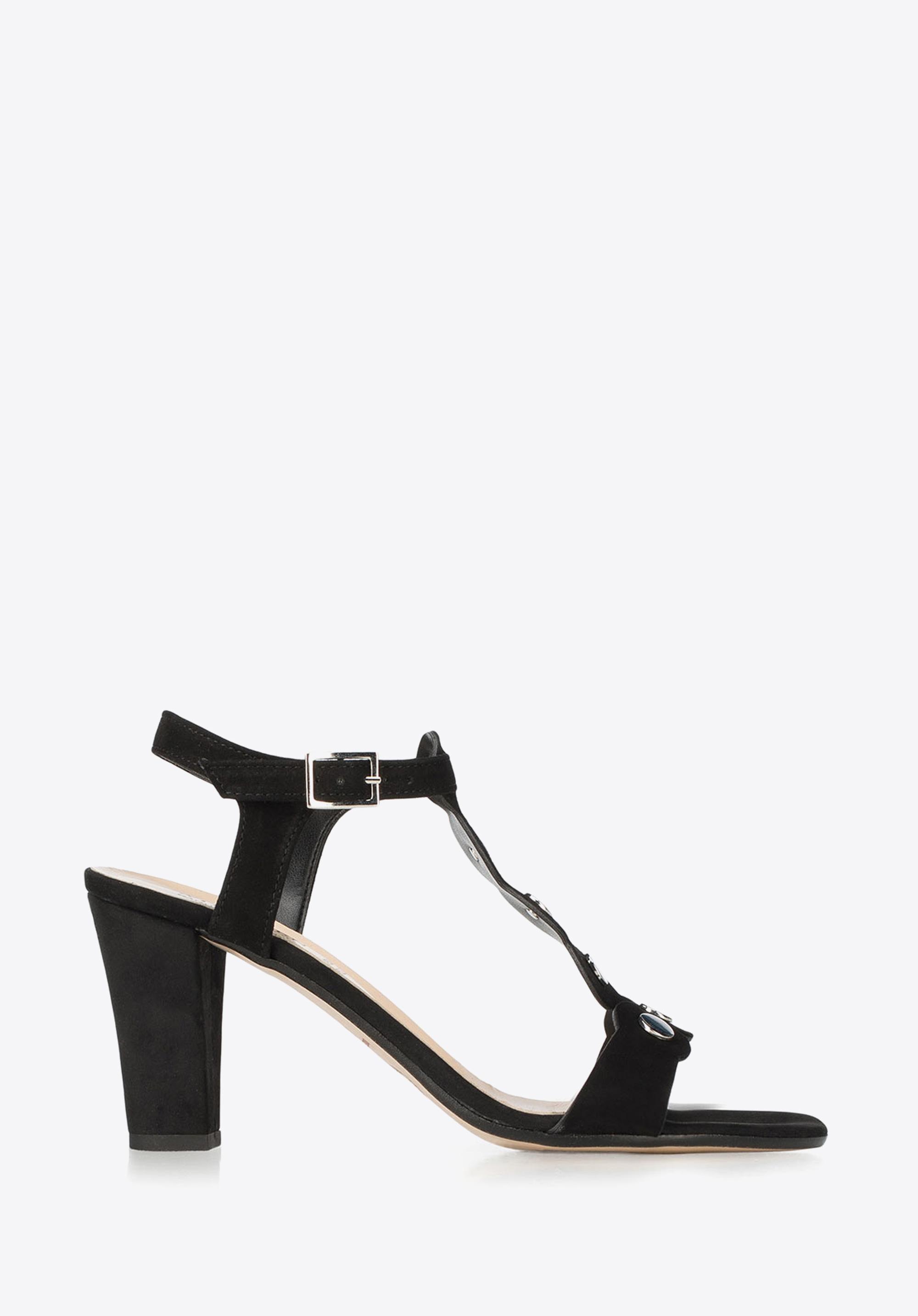 Damskie sandały na słupku zamszowe z lustrzanymi nitami