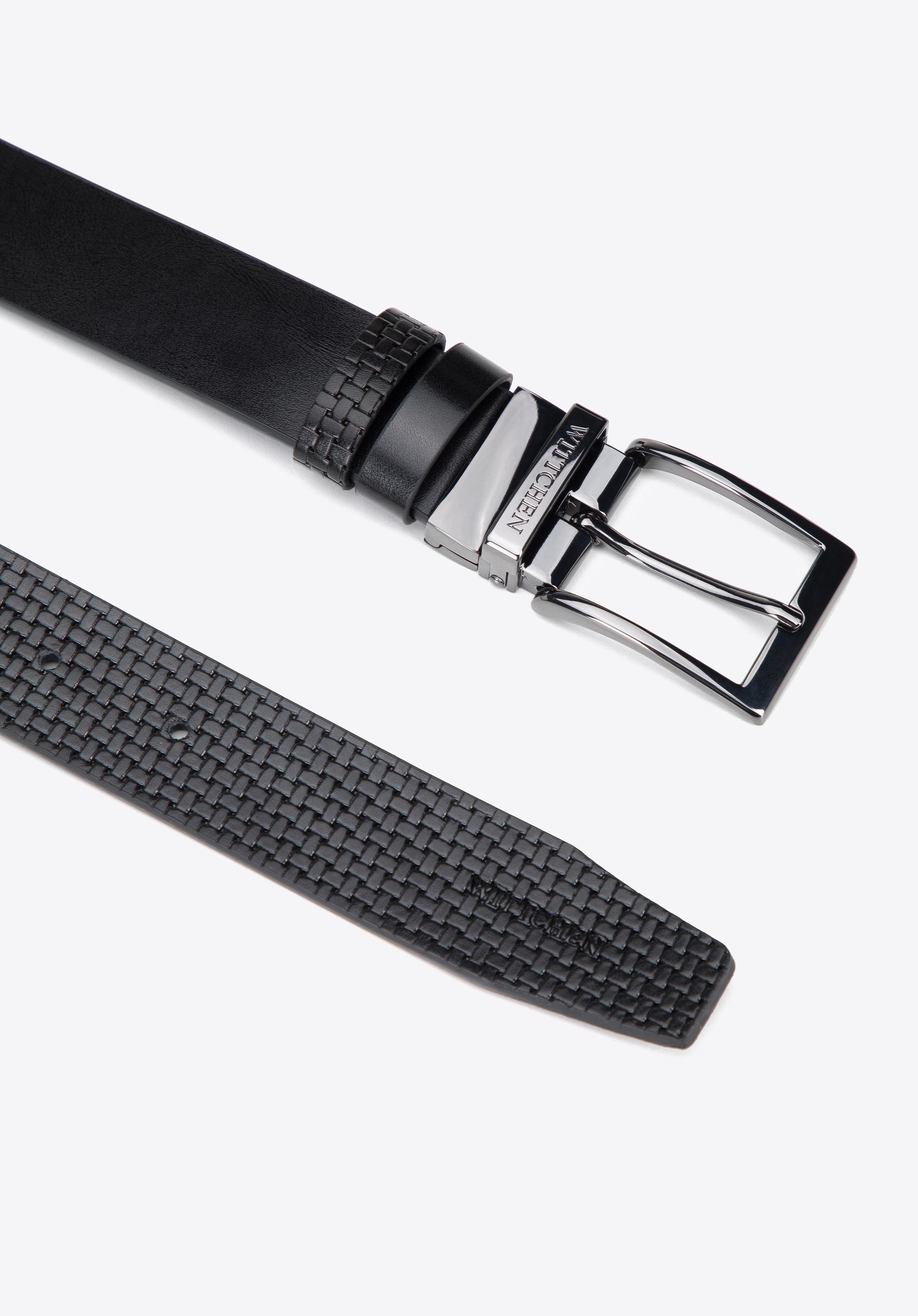 Męski pasek skórzany dwustronny z tłoczeniem w plecionkę