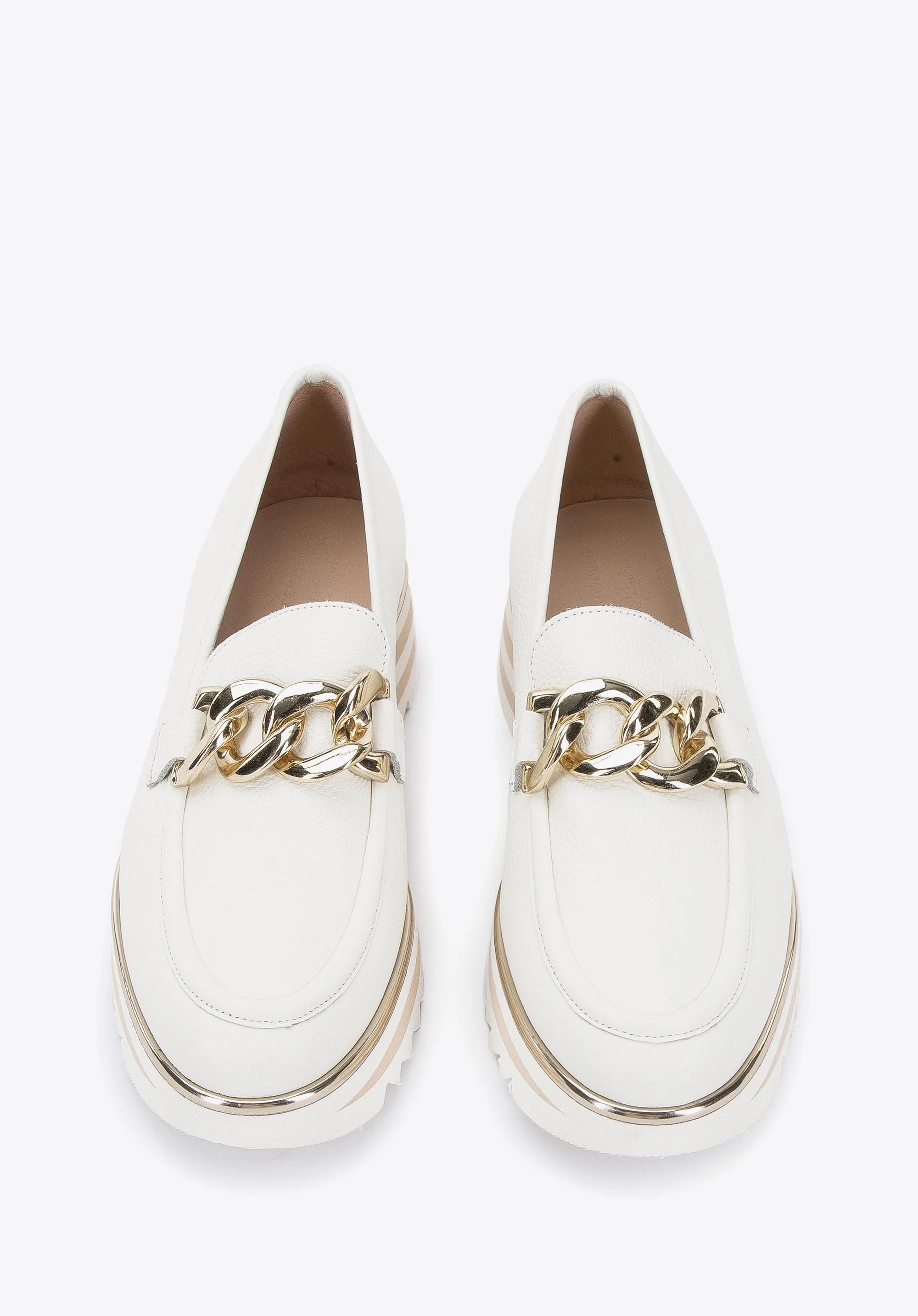 Damskie mokasyny skórzane z łańcuchem na platformie w pasy