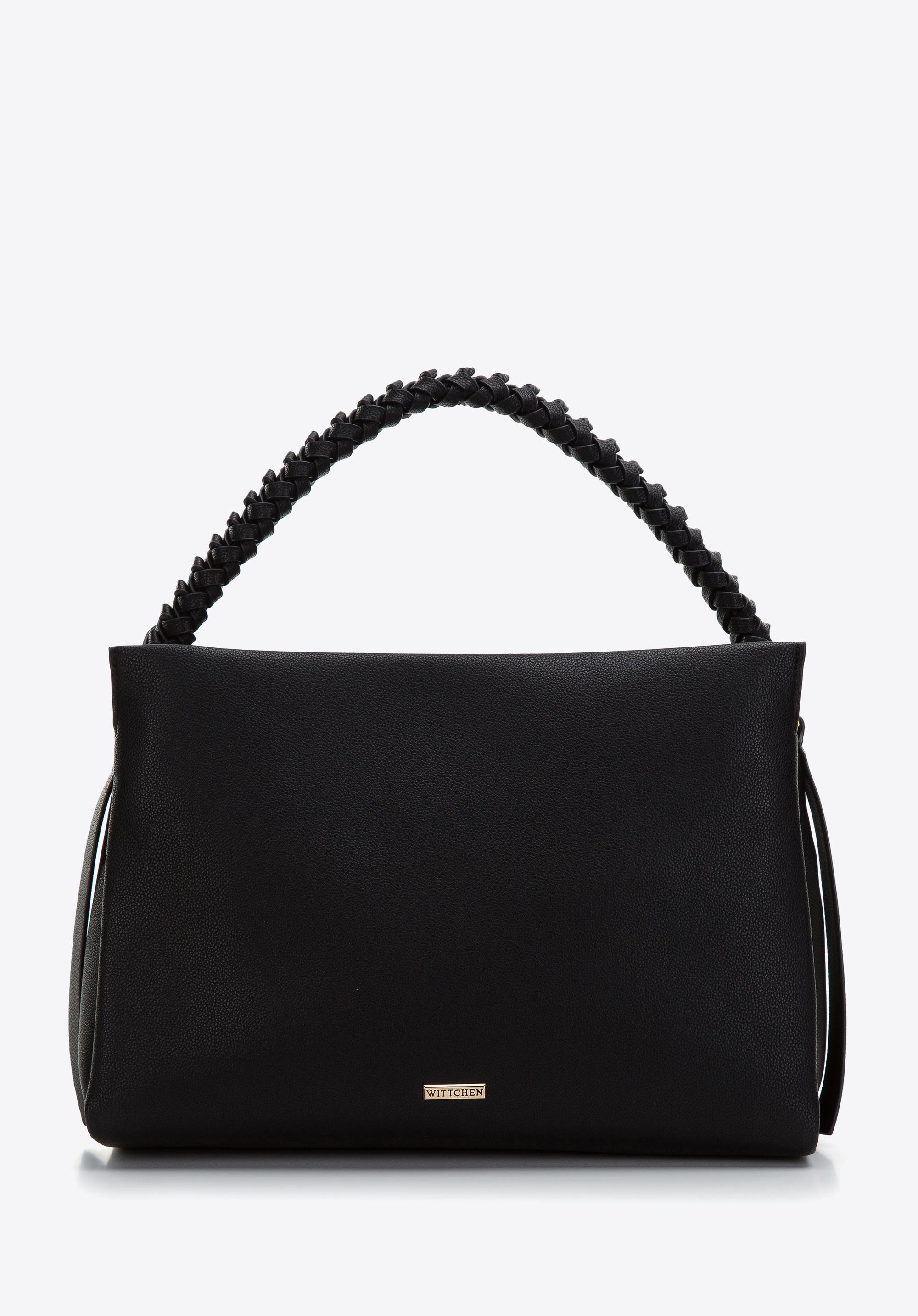 Torebka worek z ekoskóry trzykomorowa z plecioną rączką