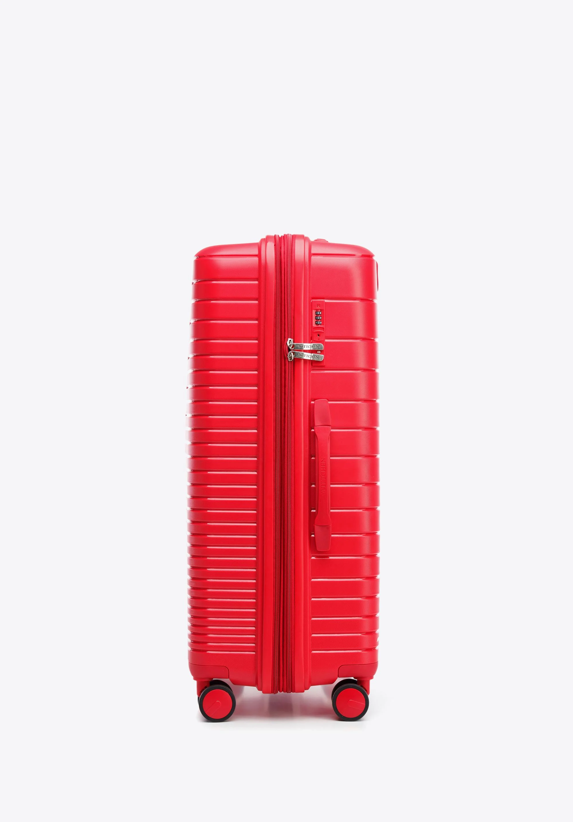 Duża walizka z polipropylenu z błyszczącymi paskami