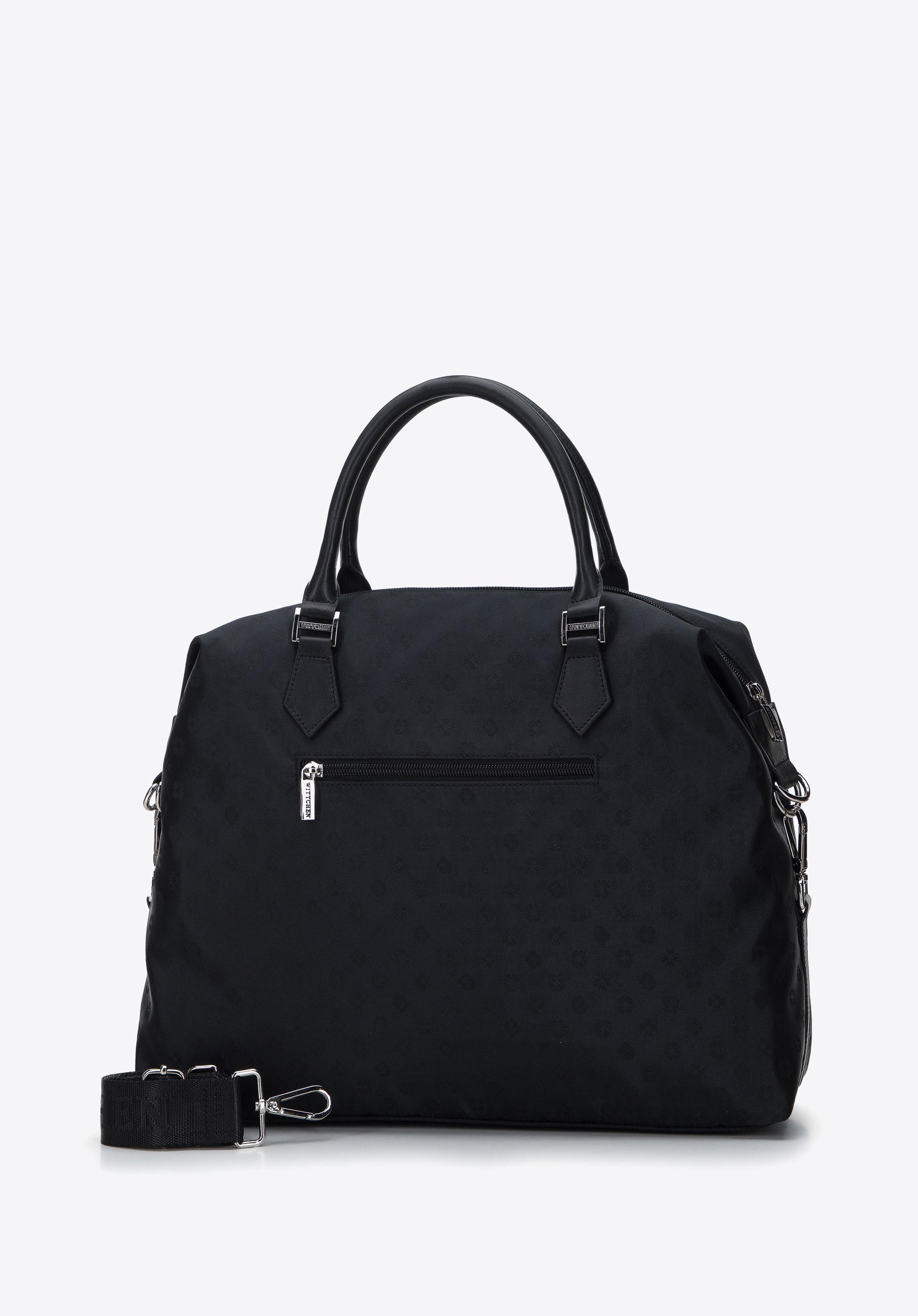 Torebka kuferek z żakardu i skóry z bocznymi zapięciami