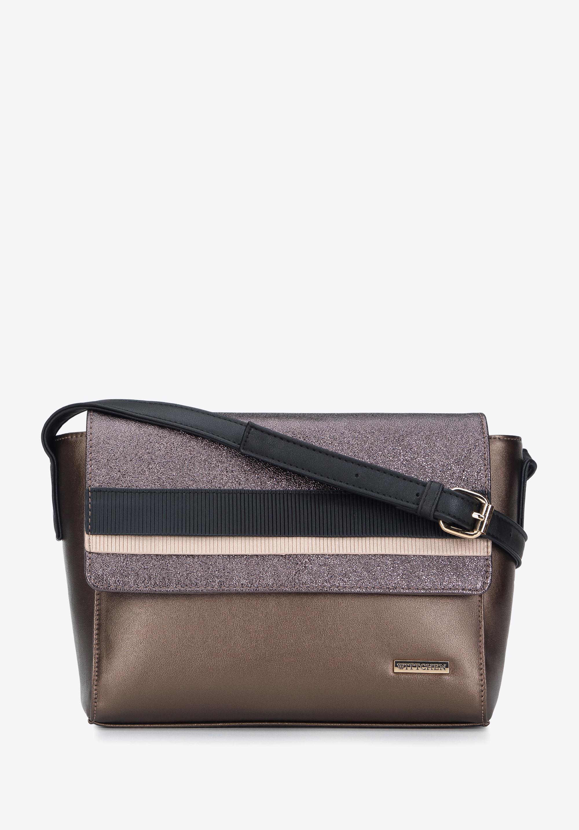 Damska listonoszka z ekoskóry z metaliczną klapą i paskami