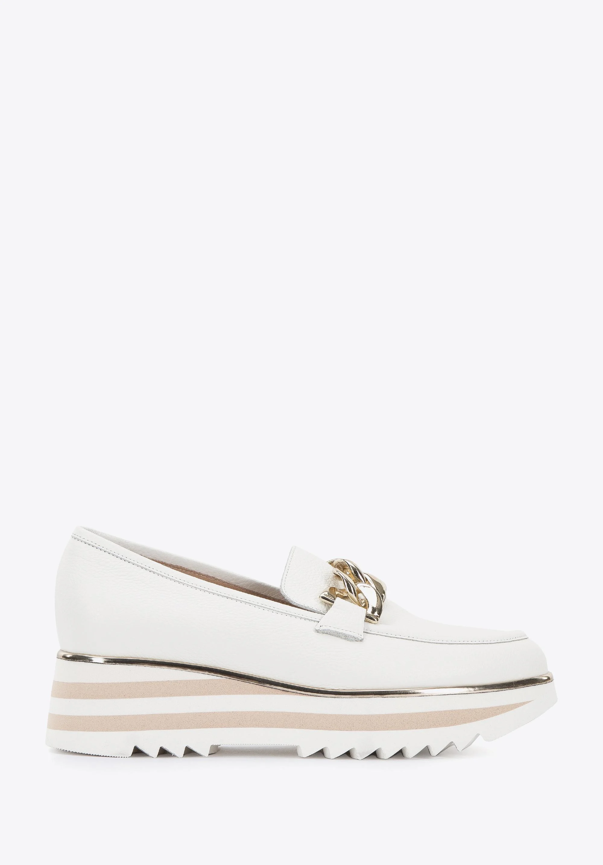 Damskie mokasyny skórzane z łańcuchem na platformie w pasy