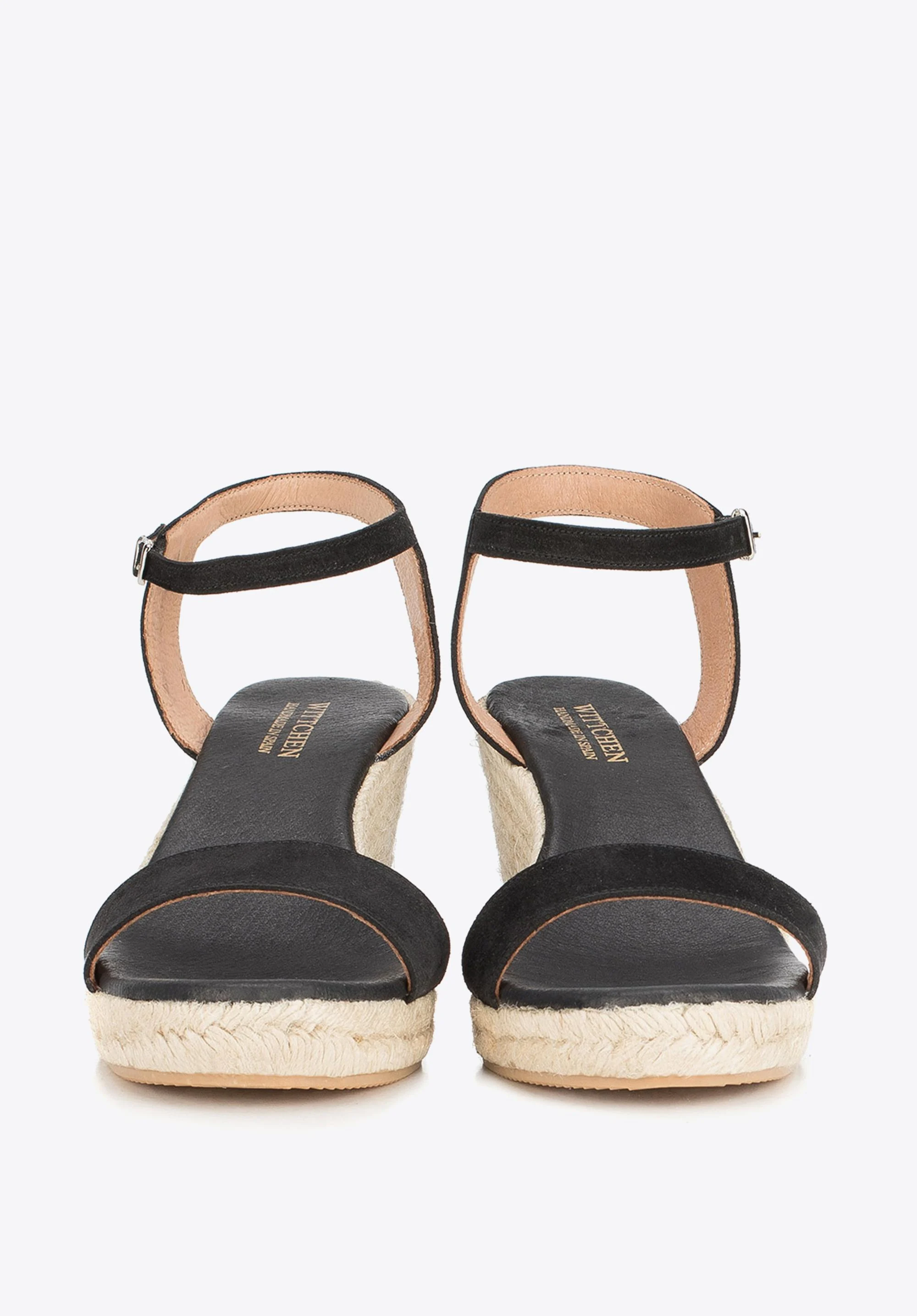 Damskie sandały nubukowe na sznurkowym koturnie