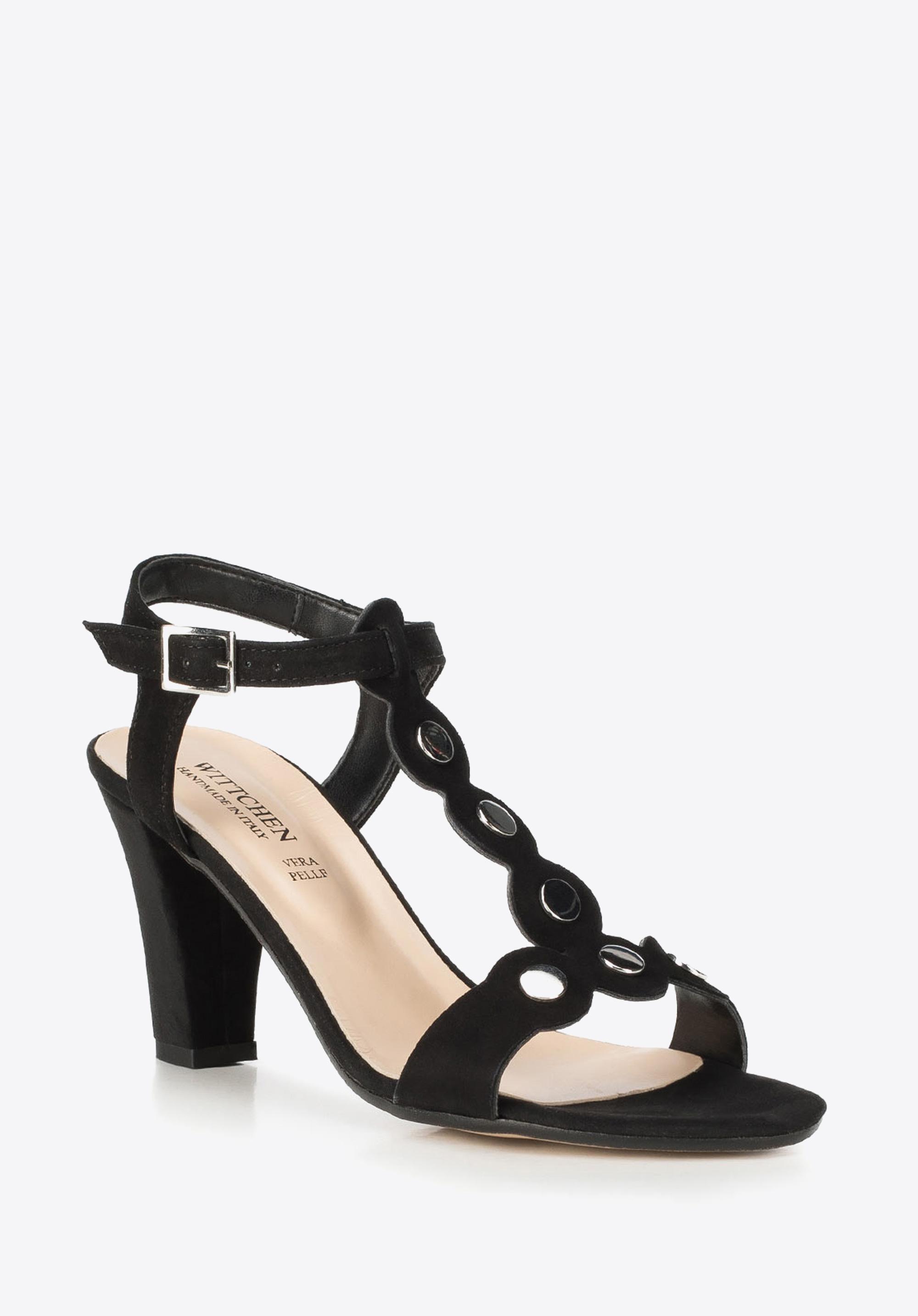 Damskie sandały na słupku zamszowe z lustrzanymi nitami