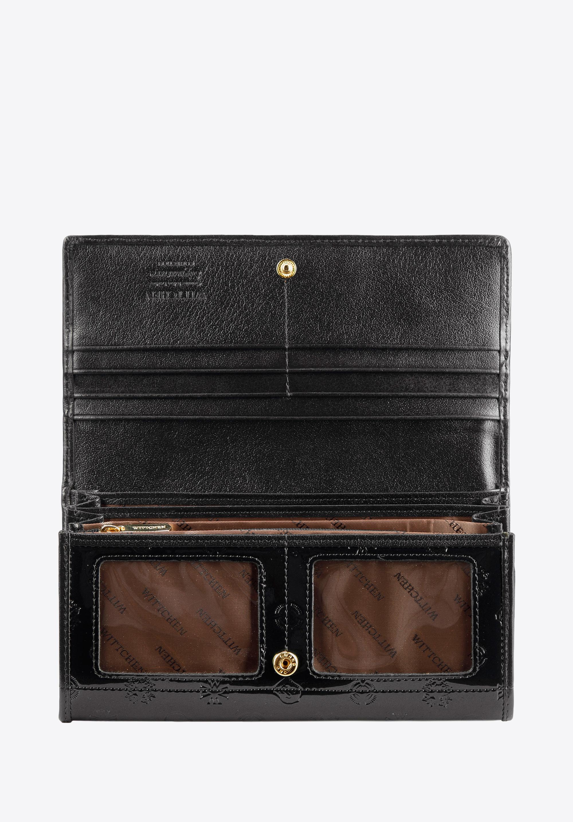 Damski portfel z lakierowanej skóry z monogramem i tasiemką