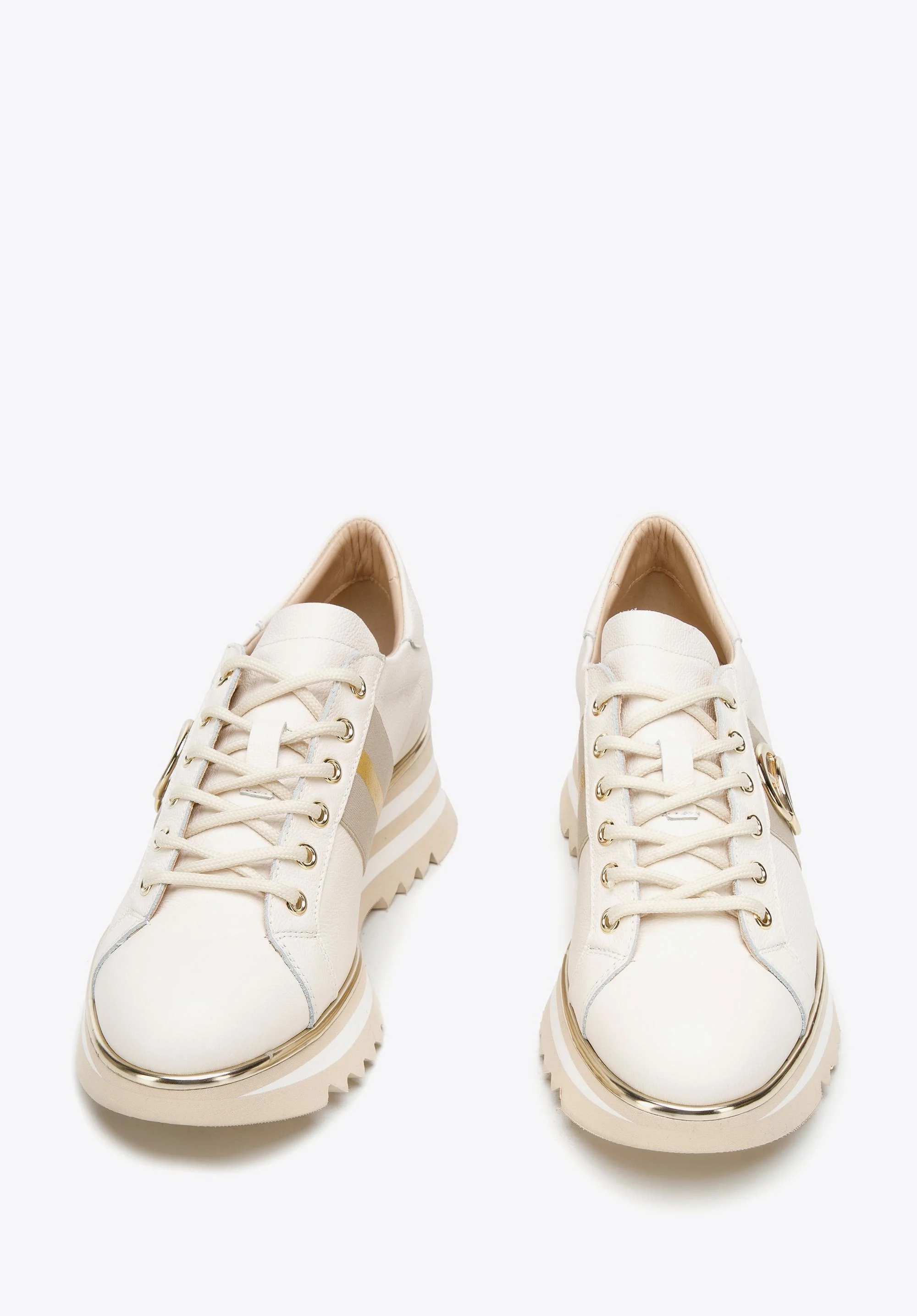 Damskie sneakersy skórzane z klamrą na platformie w pasy