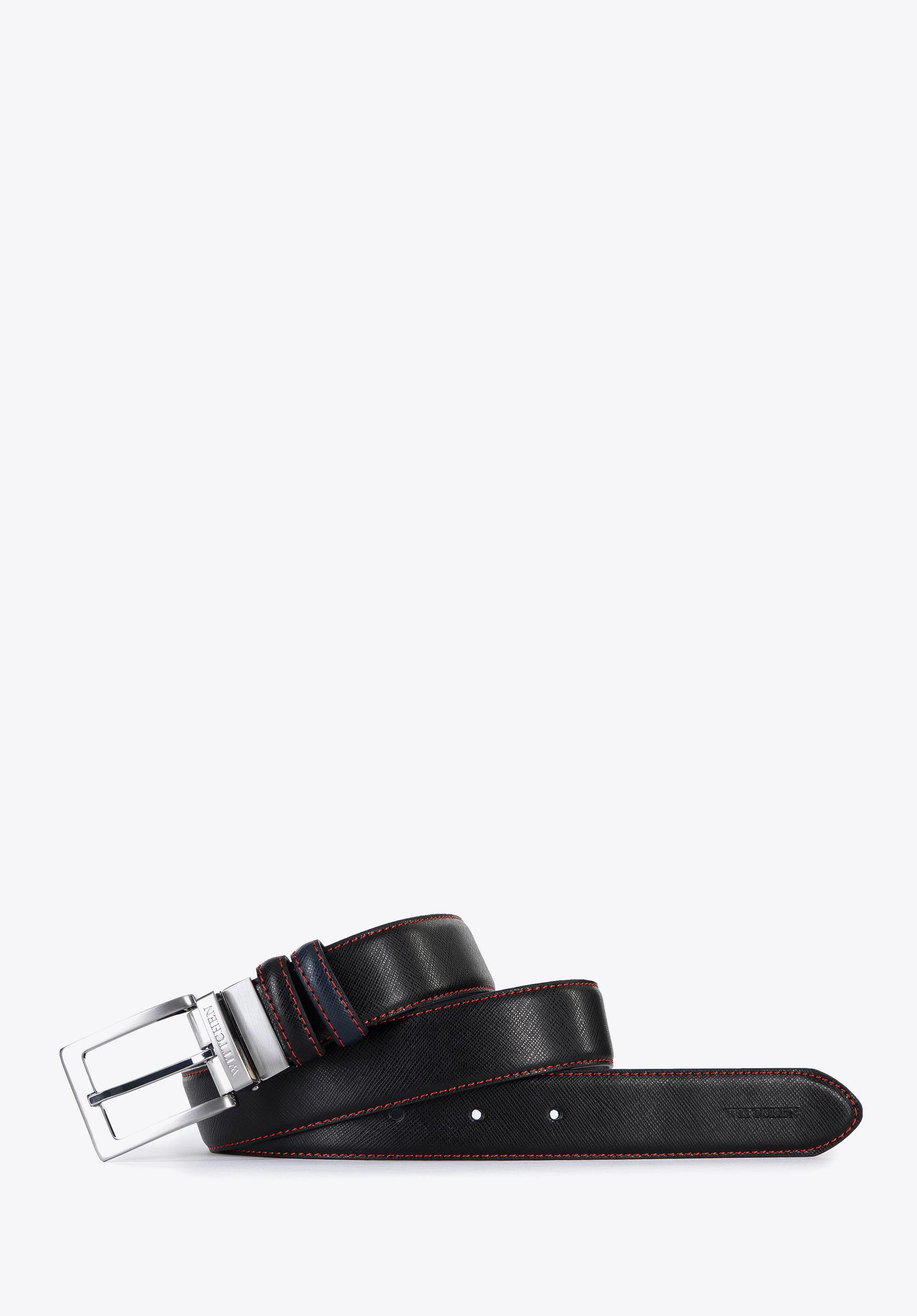 Męski pasek skórzany dwustronny z czerwoną nicią