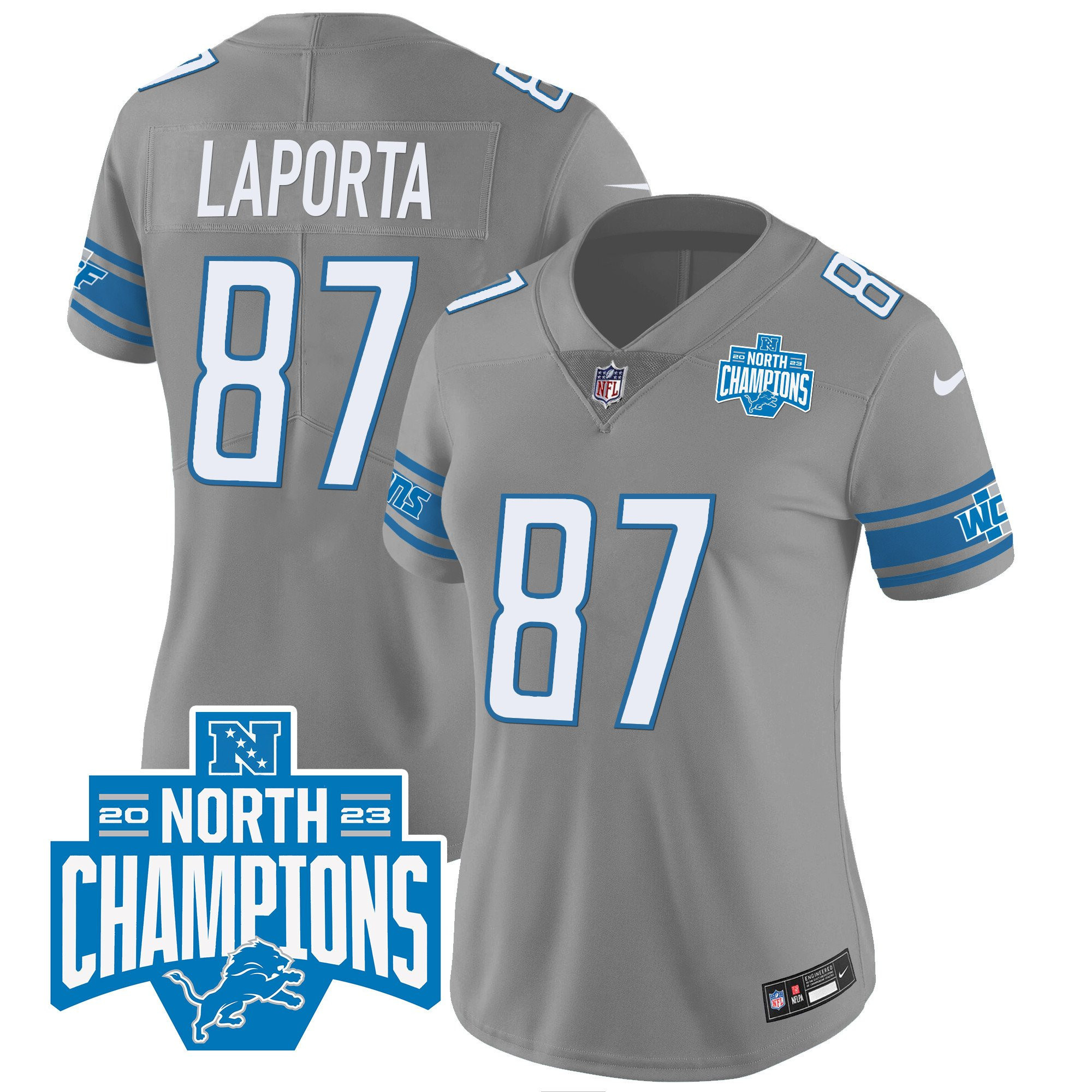 Sam LaPorta 87 Detroit Lions 2023 NFC North Division Champions Patch Women Game Jersey - Gray - New Style Jerseys