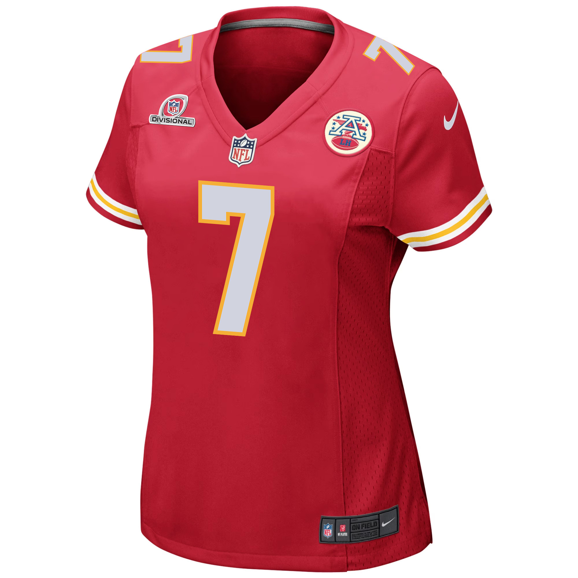 Harrison Butker 7 Kansas City Chiefs 2024 Divisional Patch Game Women Jersey - Red - New Style Jerseys