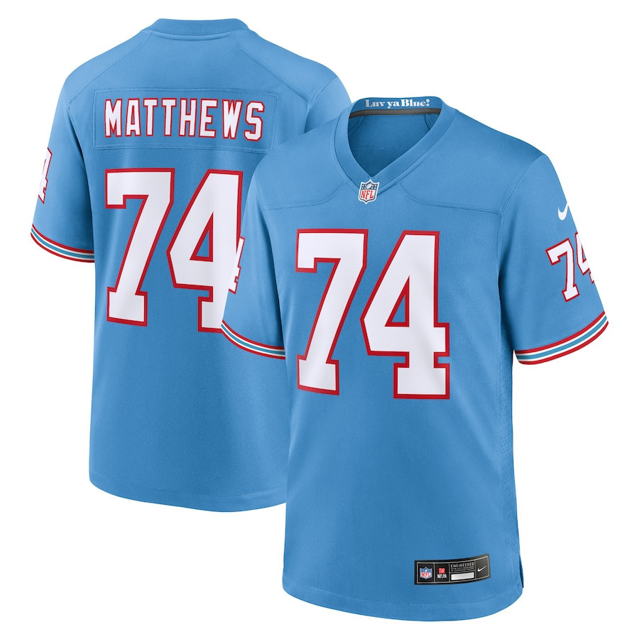 Bruce 74 Matthews Tennessee Titans Men Oilers Throwback Retired Game Jersey - Light Blue - New Style Jerseys