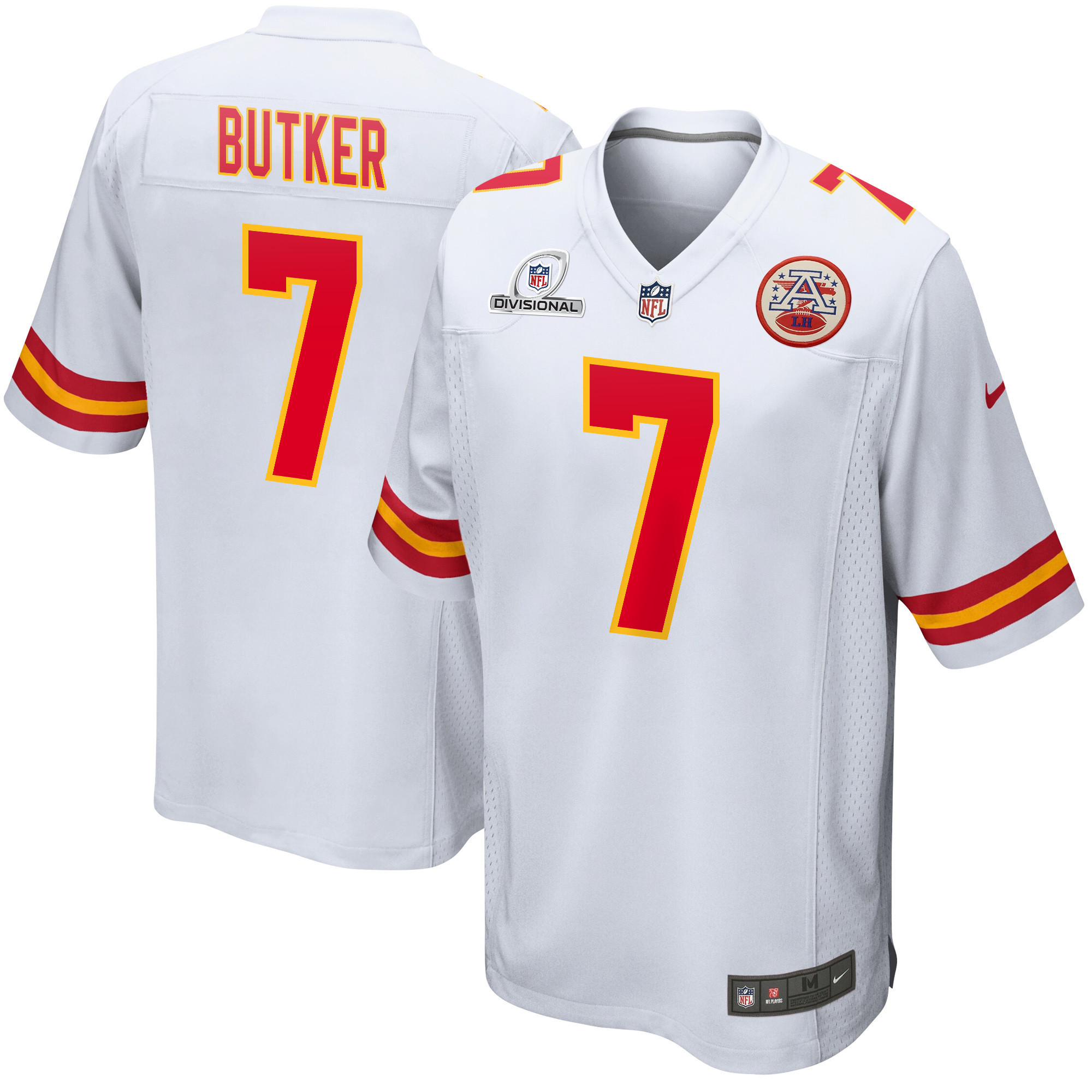 Harrison Butker 7 Kansas City Chiefs 2024 Divisional Patch Game Men Jersey - White - New Style Jerseys