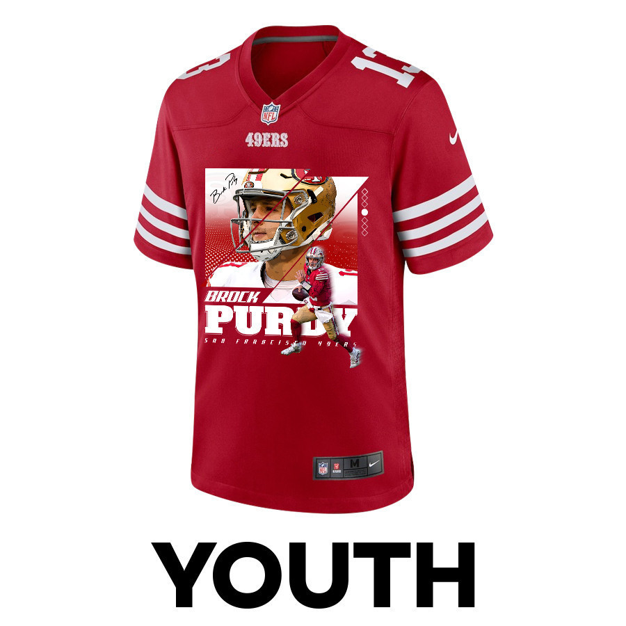 Brock Purdy 13 San Francisco 49ers Signed Glass Game YOUTH Jersey - Scarlet - New Style Jerseys