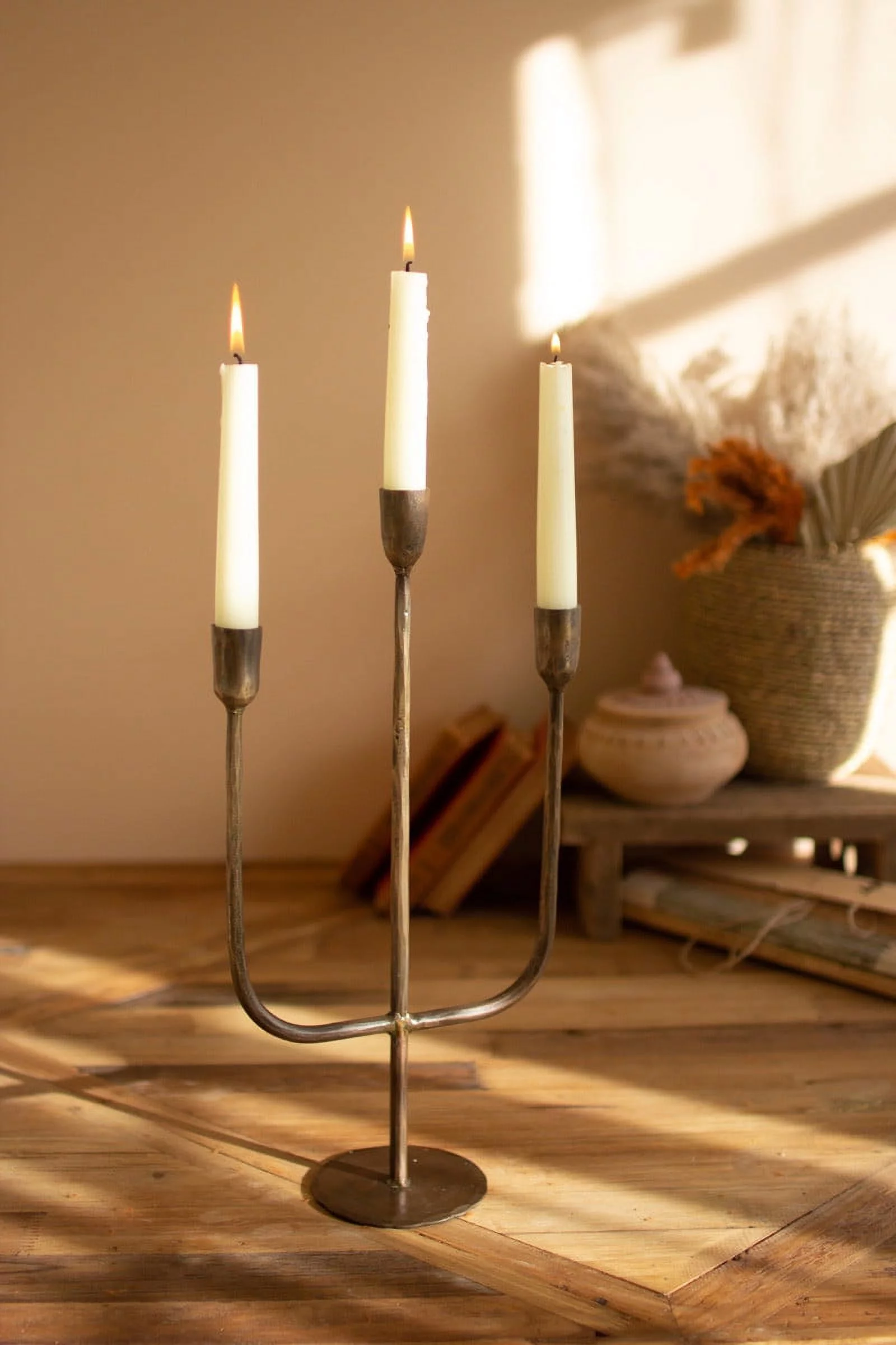 THREE TIERED ANTIQUE BRASS TAPER CANDELABRA