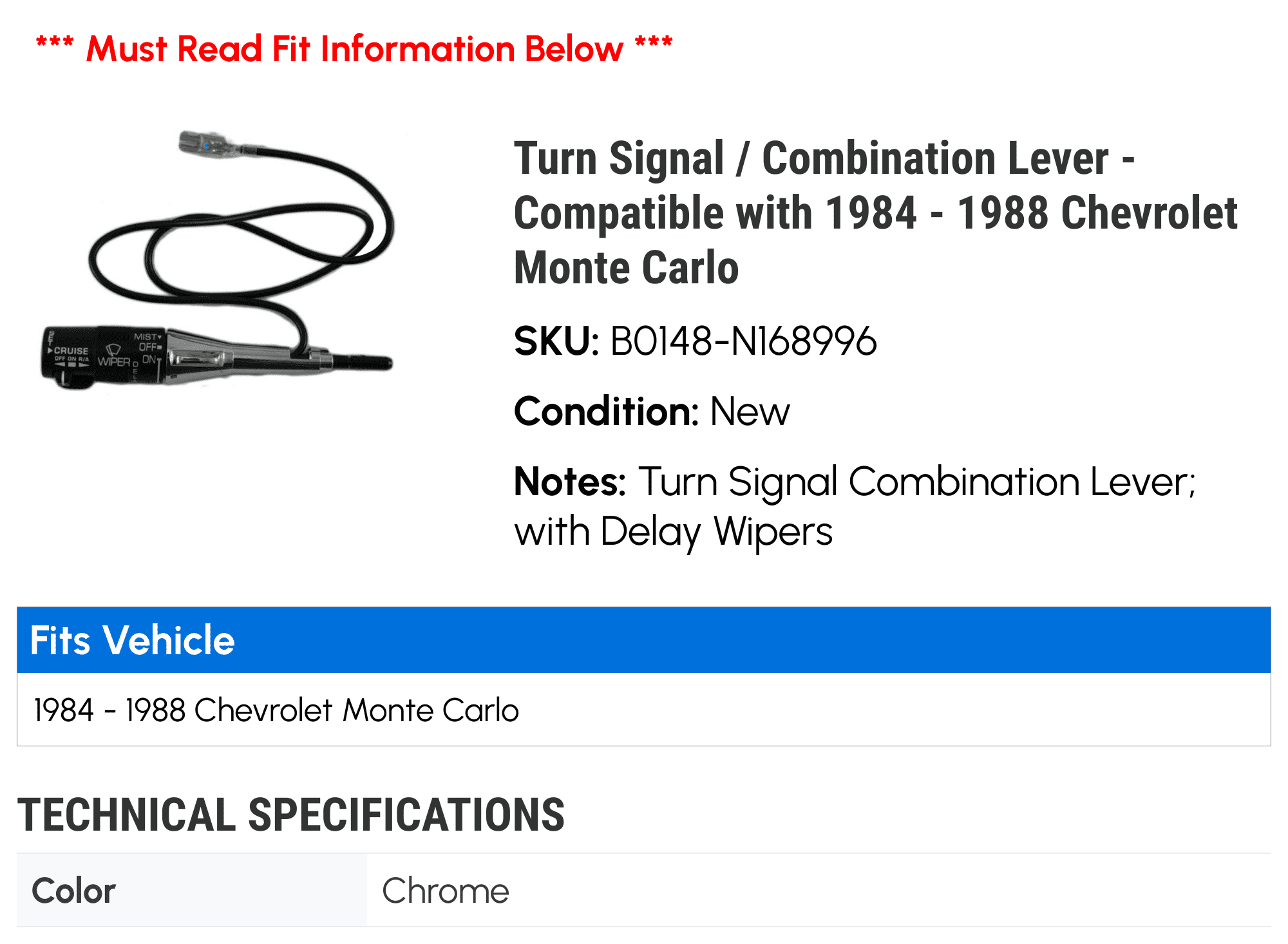 Turn Signal / Combination Lever - Compatible with 1984 - 1988 Chevy Monte Carlo 1985 1986 1987