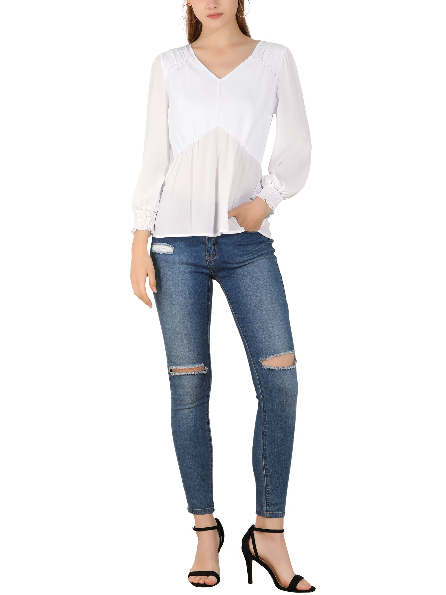 MODA NOVA Junior's Ruffled Long Puff Sleeves Blouses V Neck Solid Blouse White L