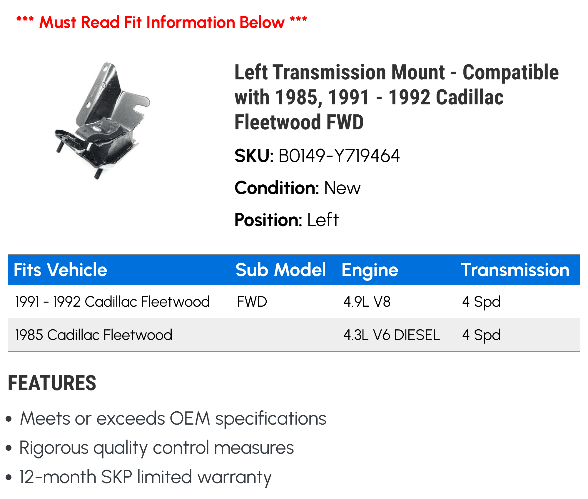 Left Transmission Mount - Compatible with 1985, 1991 - 1992 Cadillac Fleetwood FWD