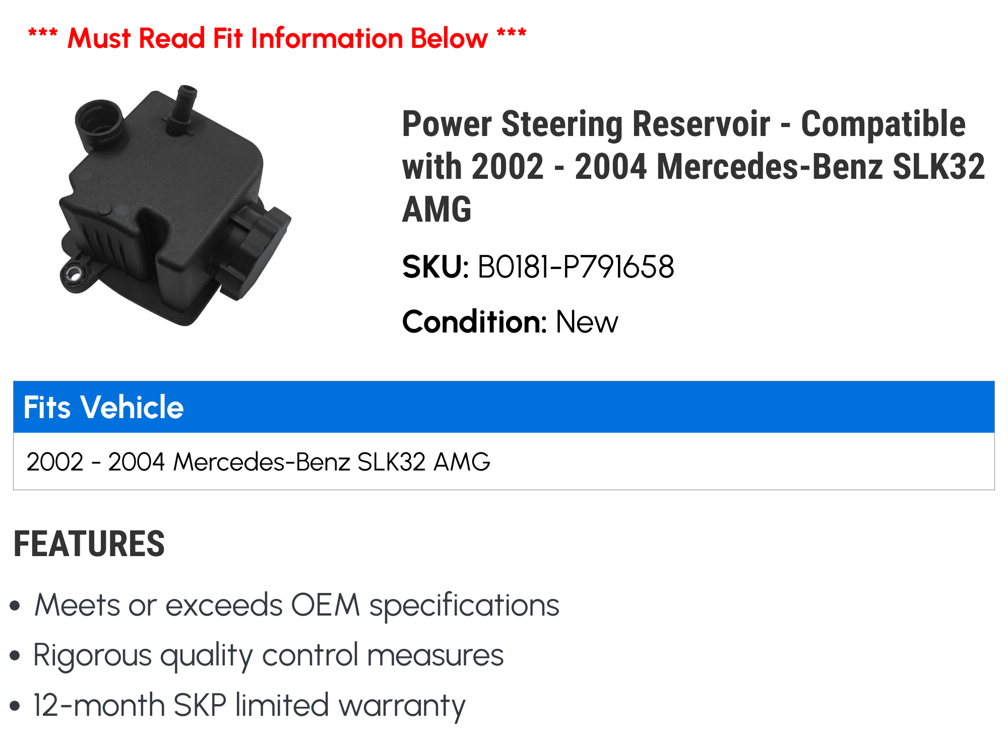 Power Steering Reservoir - Compatible with 2002 - 2004 Mercedes-Benz SLK32 AMG 2003