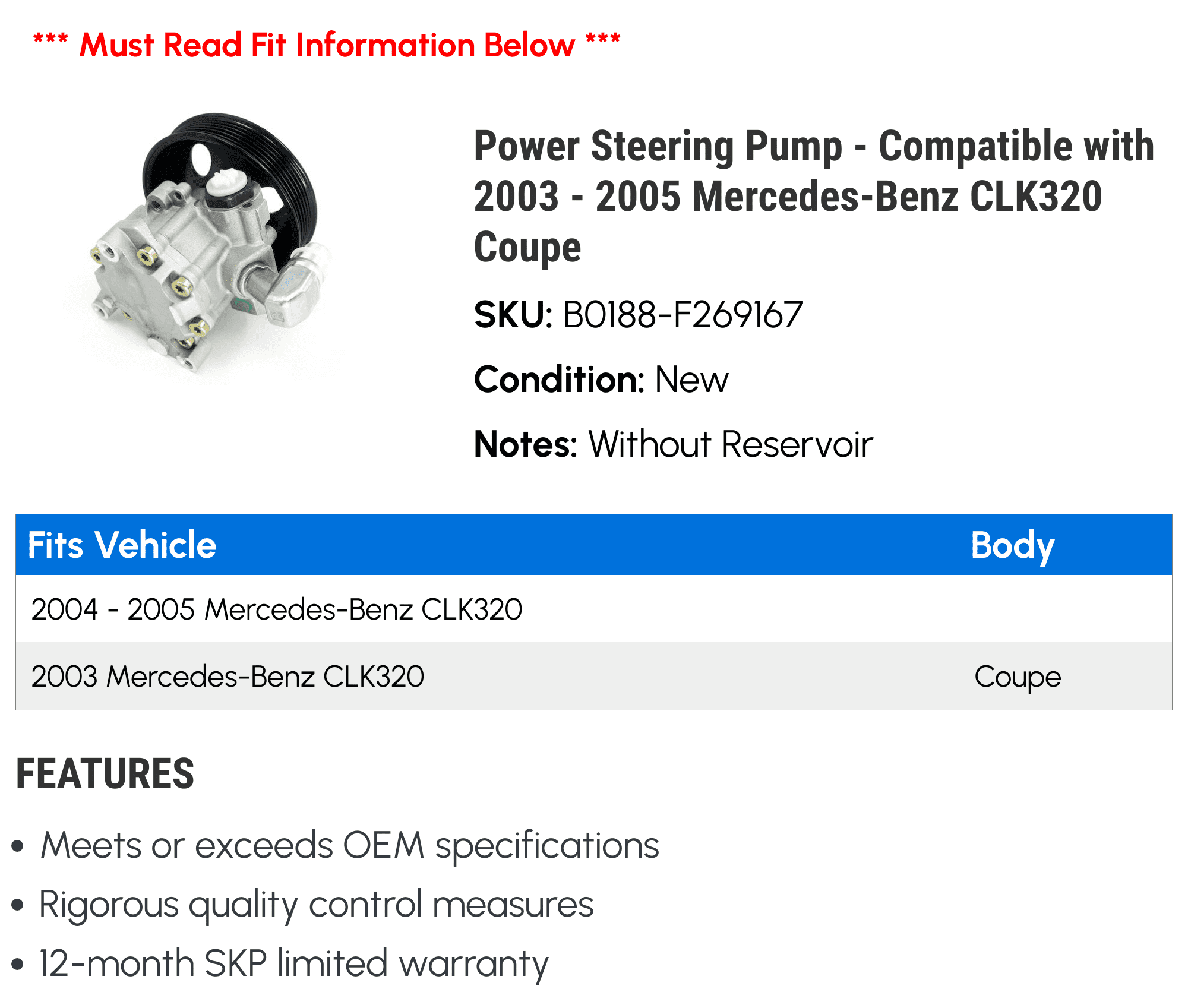 Power Steering Pump - Compatible with 2003 - 2005 Mercedes-Benz CLK320 Coupe 2004