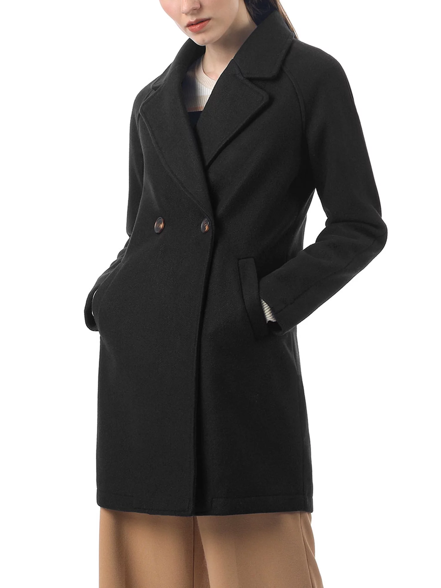 MODA NOVA Juniors Double Breasted Lapel Raglan Long Sleeve Mid Length Overcoat