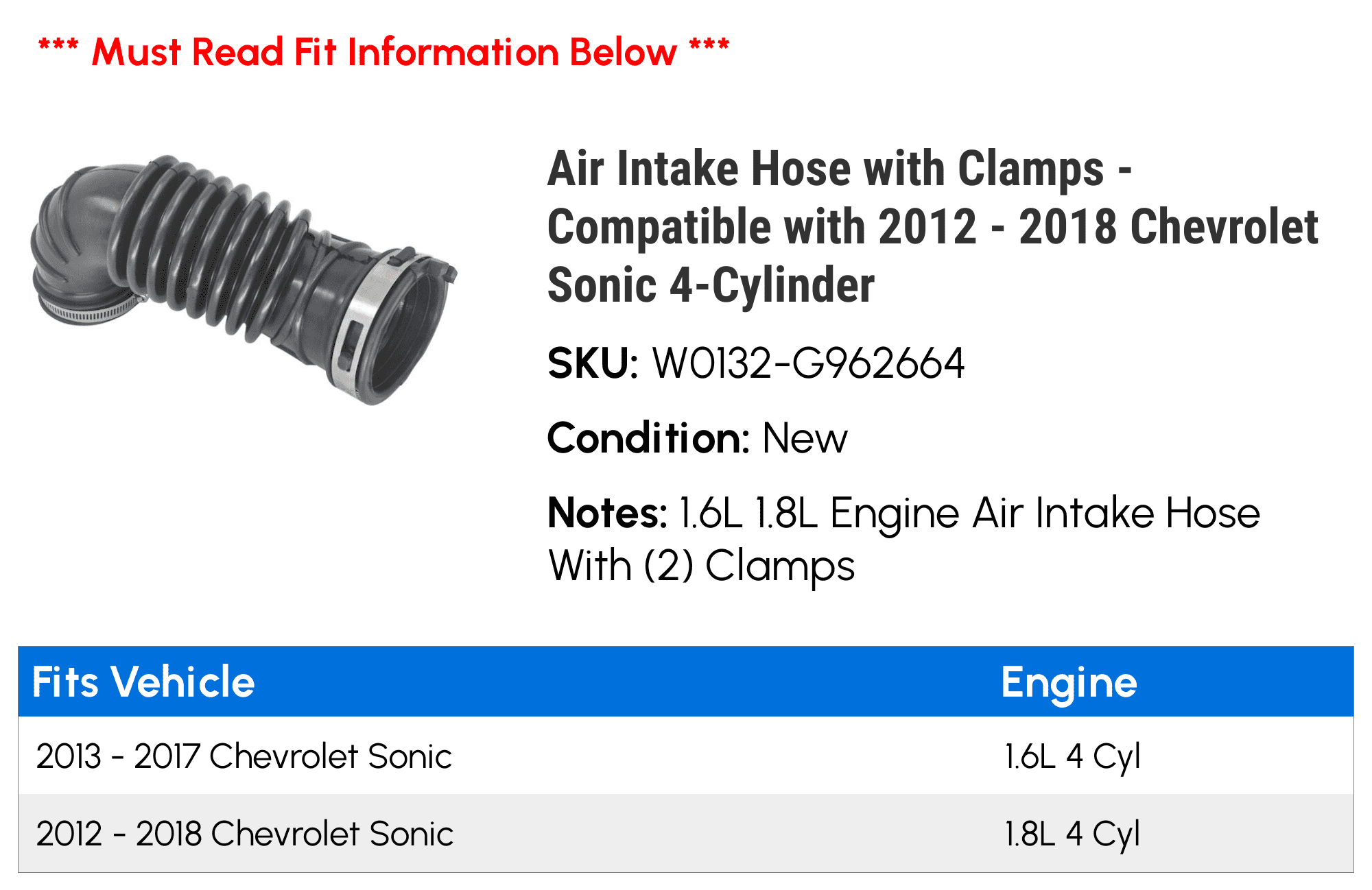 Air Intake Hose with Clamps - Compatible with 2012 - 2018 Chevy Sonic 4-Cylinder 2013 2014 2015 2016 2017
