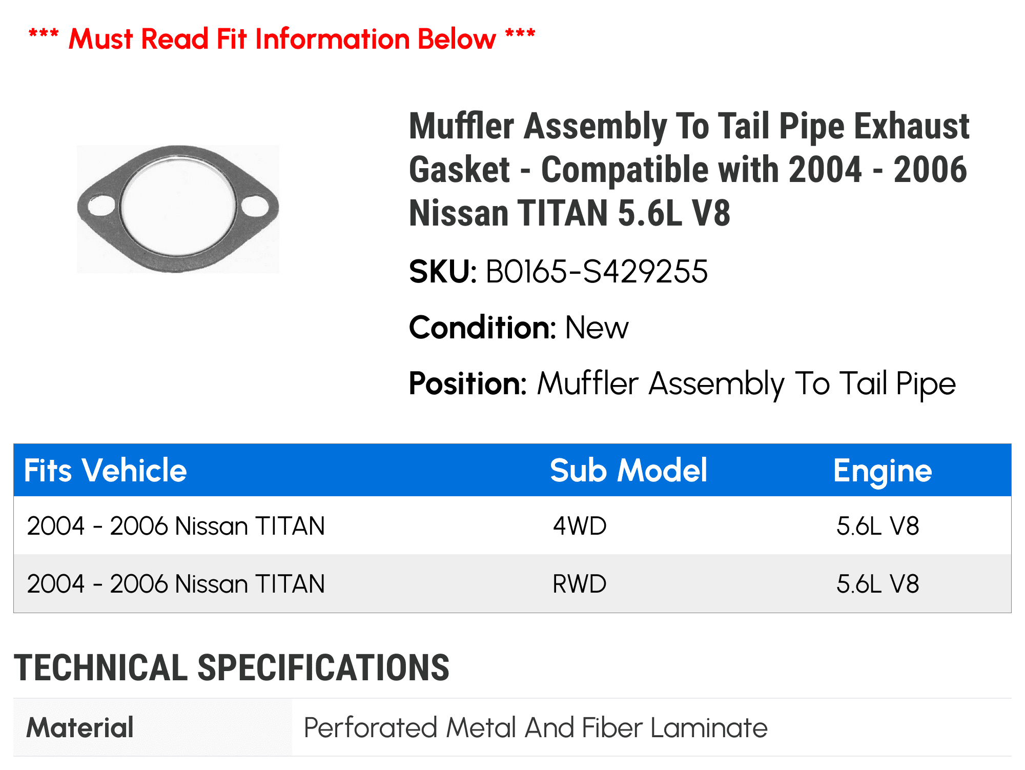 Muffler Assembly To Tail Line Exhaust Gasket - Compatible with 2004 - 2006 Nissan TITAN 5.6L V8 2005