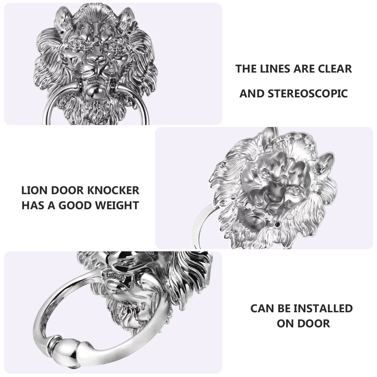 FRCOLOR Antique Lion Head Door Knocker Front Door Handle Silver Tone Pull Ring