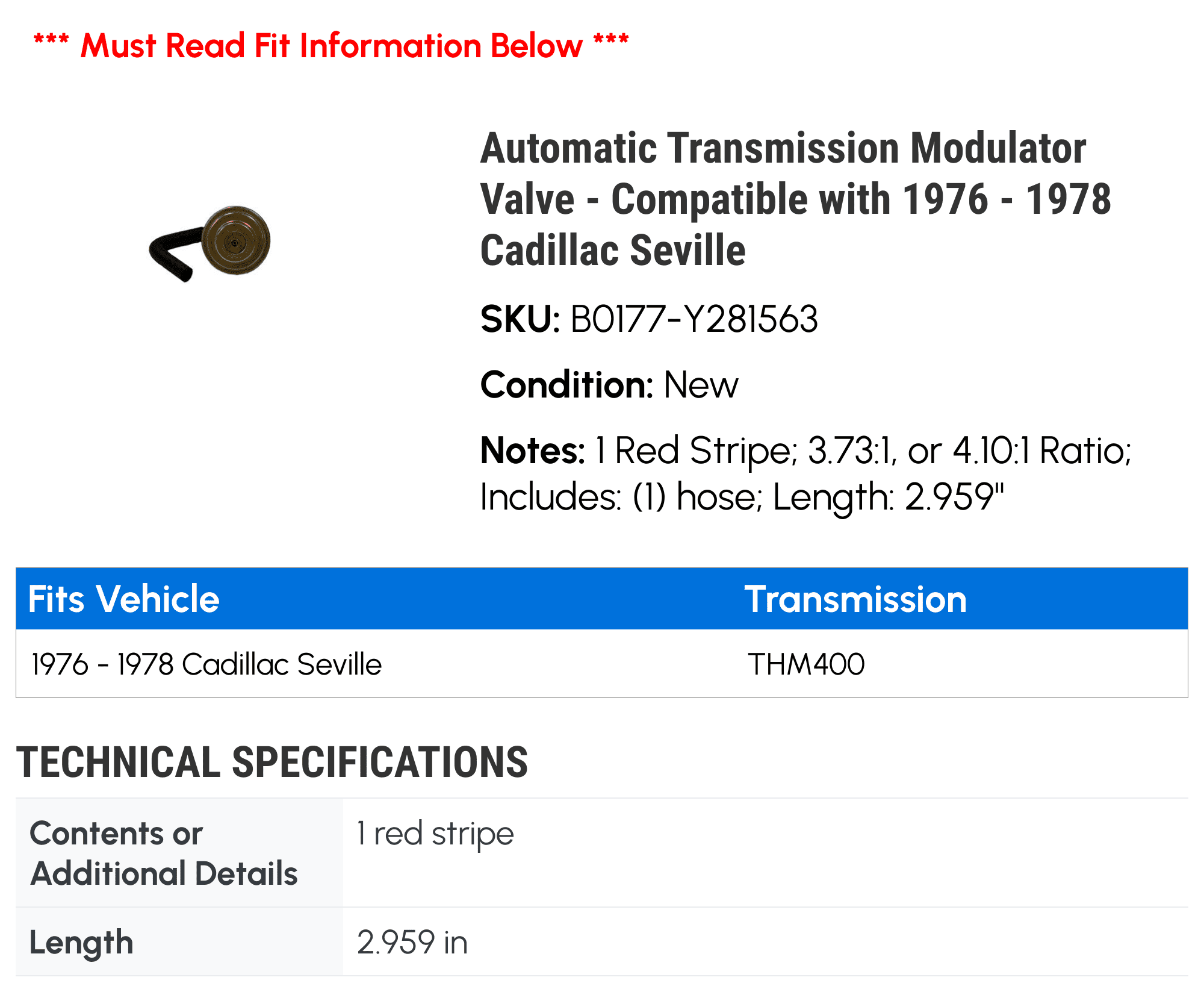 Automatic Transmission Modulator Valve - Compatible with 1976 - 1978 Cadillac Seville 1977