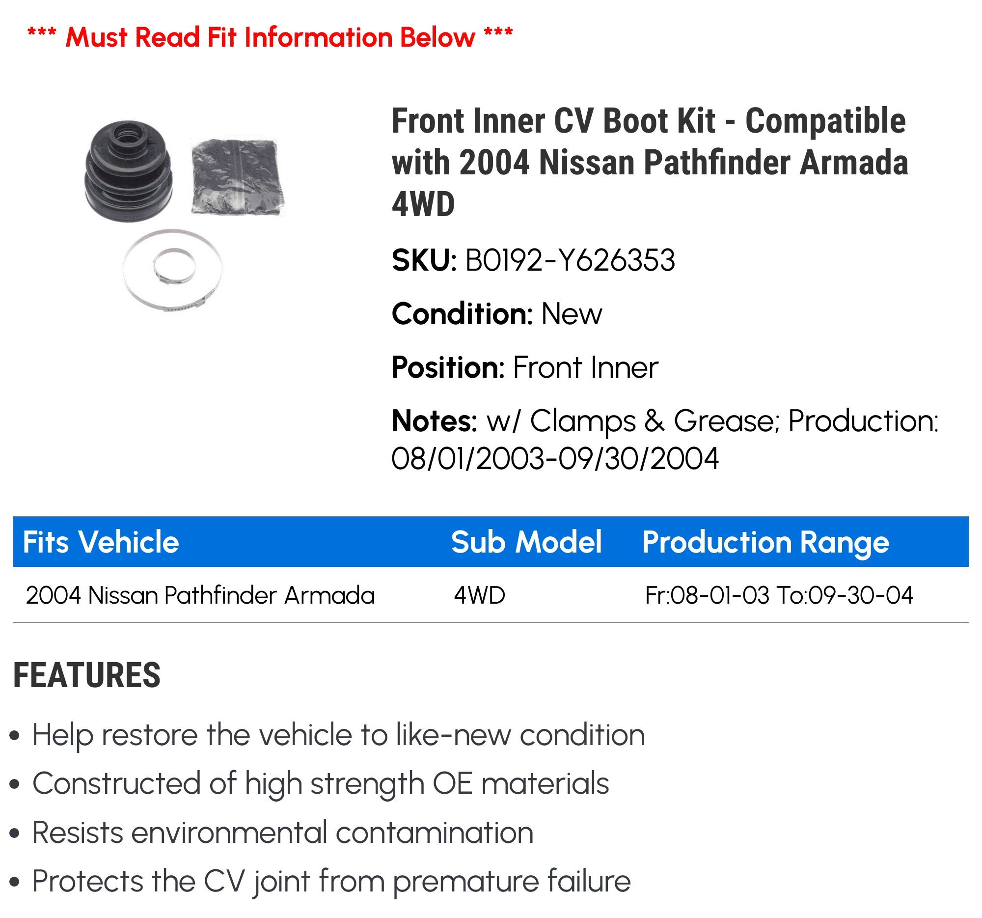 Front Inner CV Boot Kit - Compatible with 2004 Nissan Pathfinder Armada 4WD