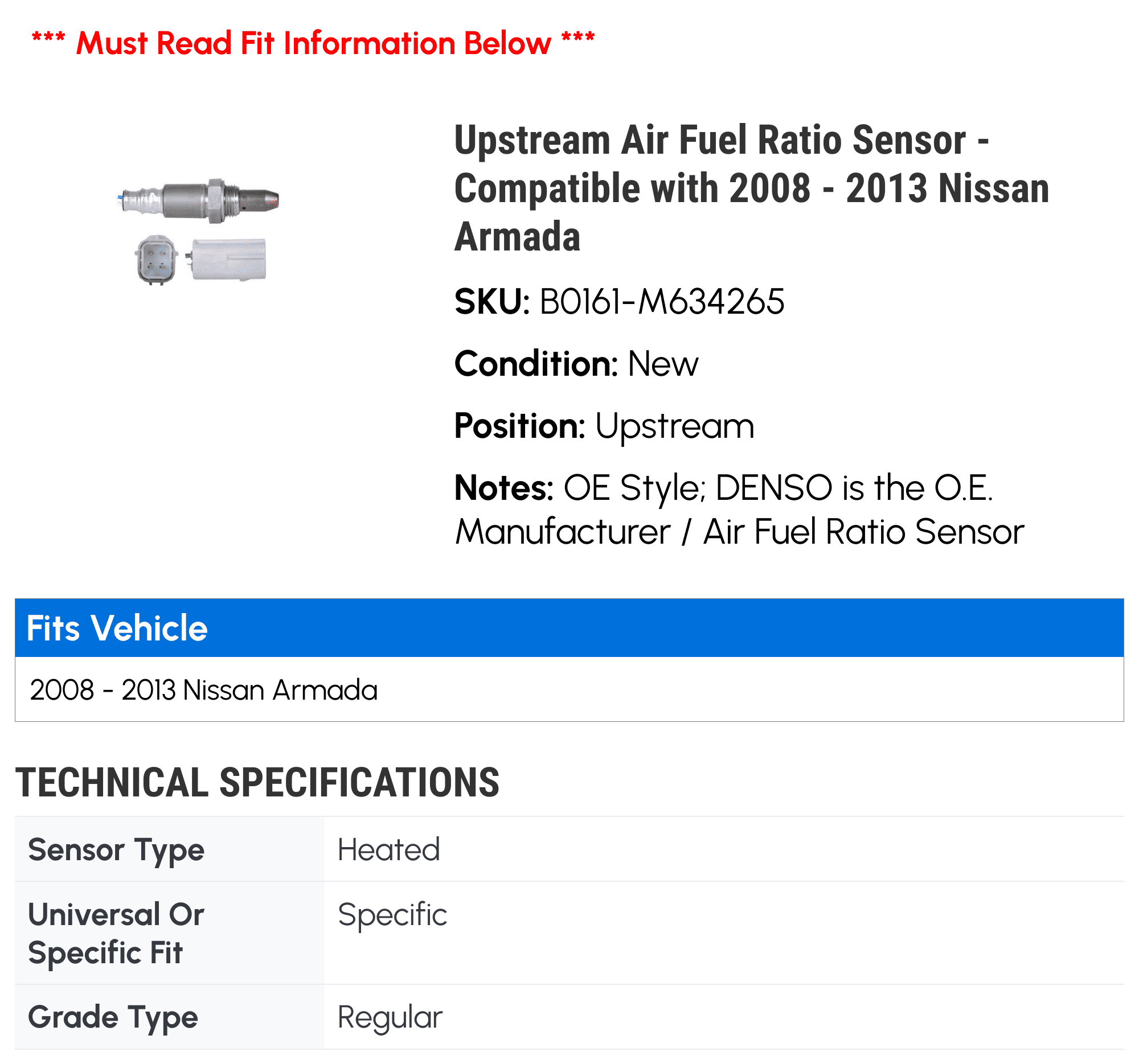 Upstream Air Fuel Ratio Sensor - Compatible with 2008 - 2013 Nissan Armada 2009 2010 2011 2012