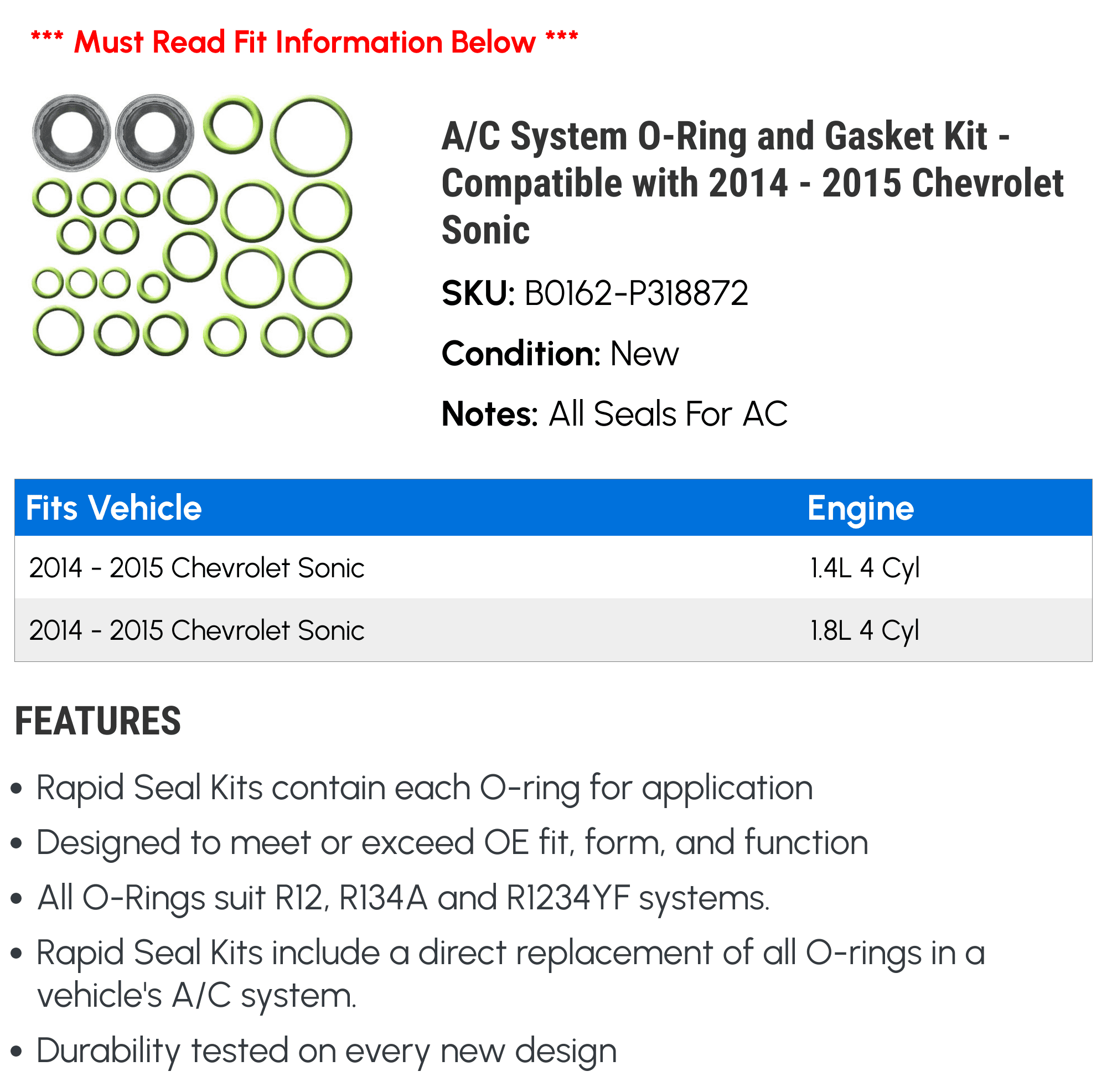 A/C System O-Ring and Gasket Kit - Compatible with 2014 - 2015 Chevy Sonic