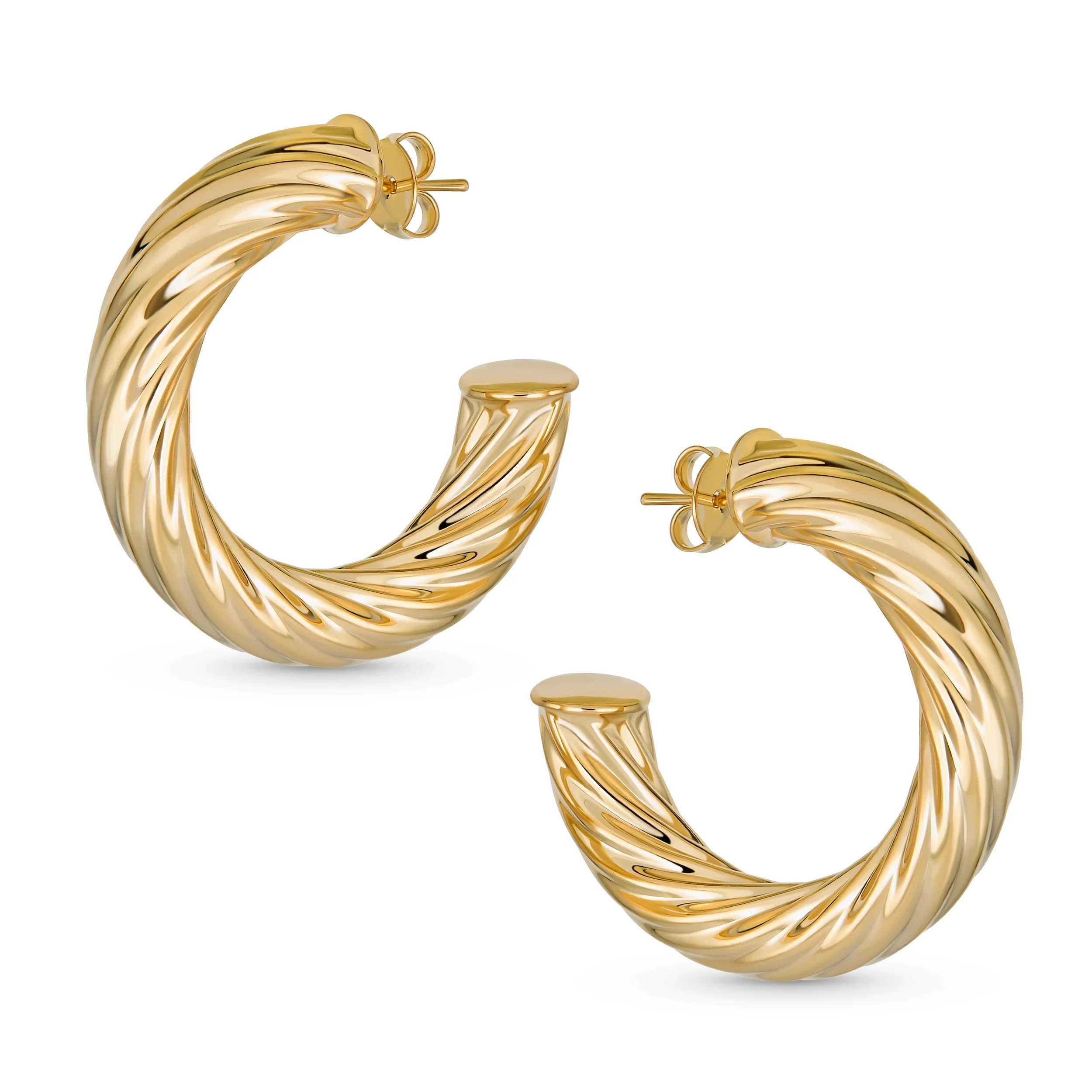 Bling Jewelry Twisted Rope Braid Cable Light-Weight Thick Hoop Earrings Gold Plated 1.5 Inch