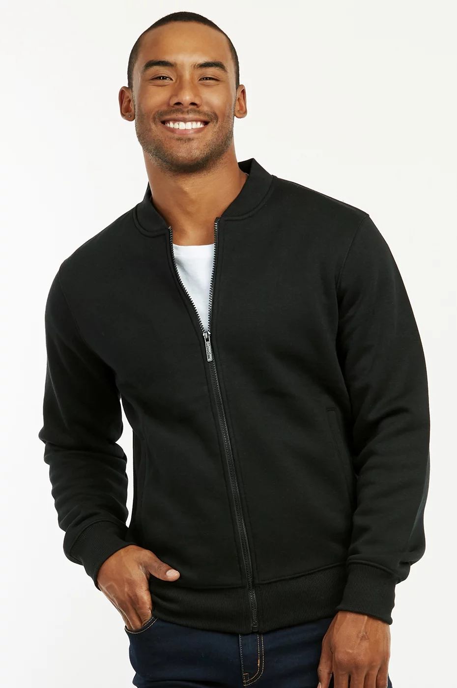 247 Frenzy Men's Essentials Knocker Cotton Blend Fleece Classic Bomber Jacket - Black