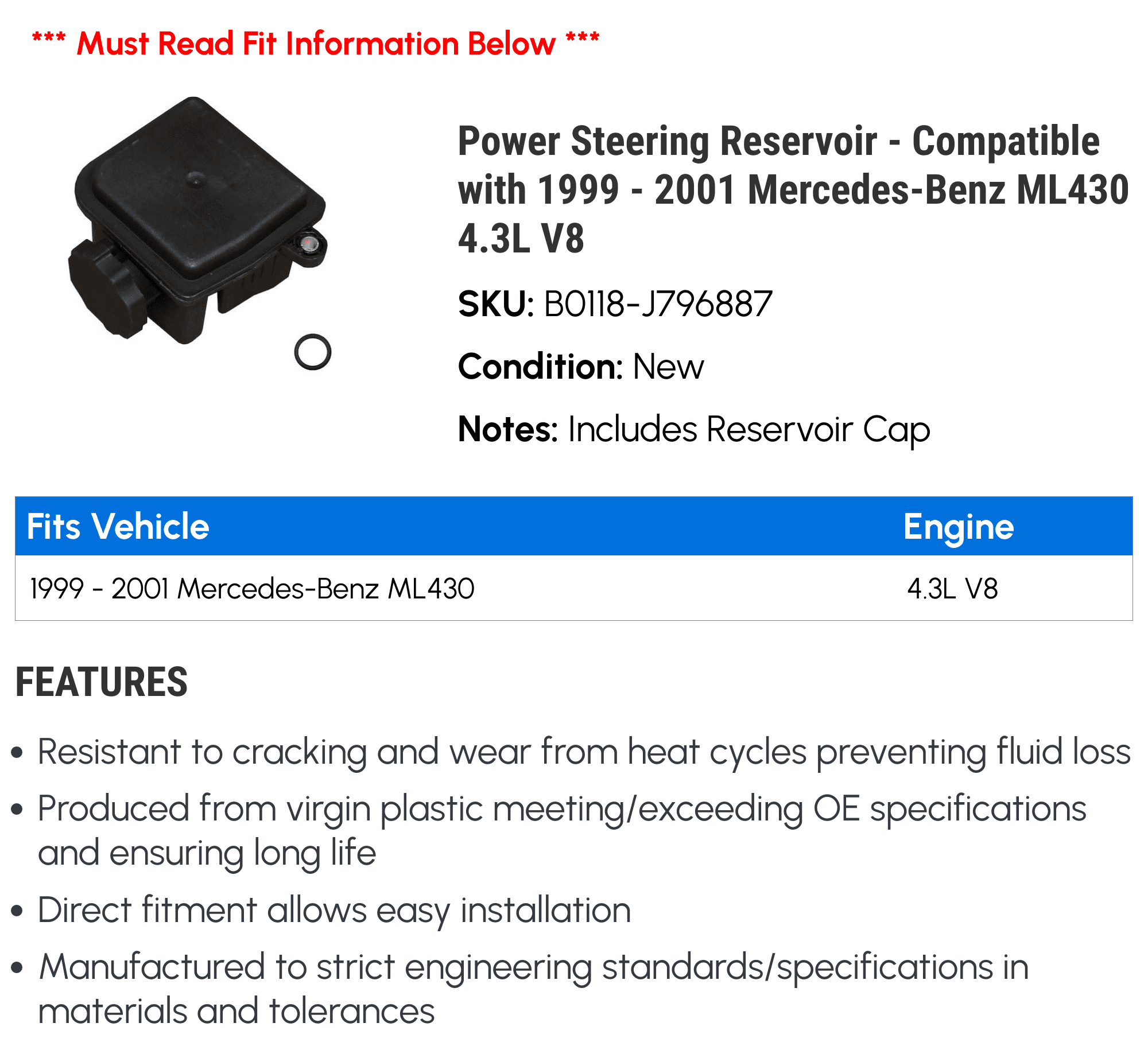 Power Steering Reservoir - Compatible with 1999 - 2001 Mercedes-Benz ML430 4.3L V8 2000