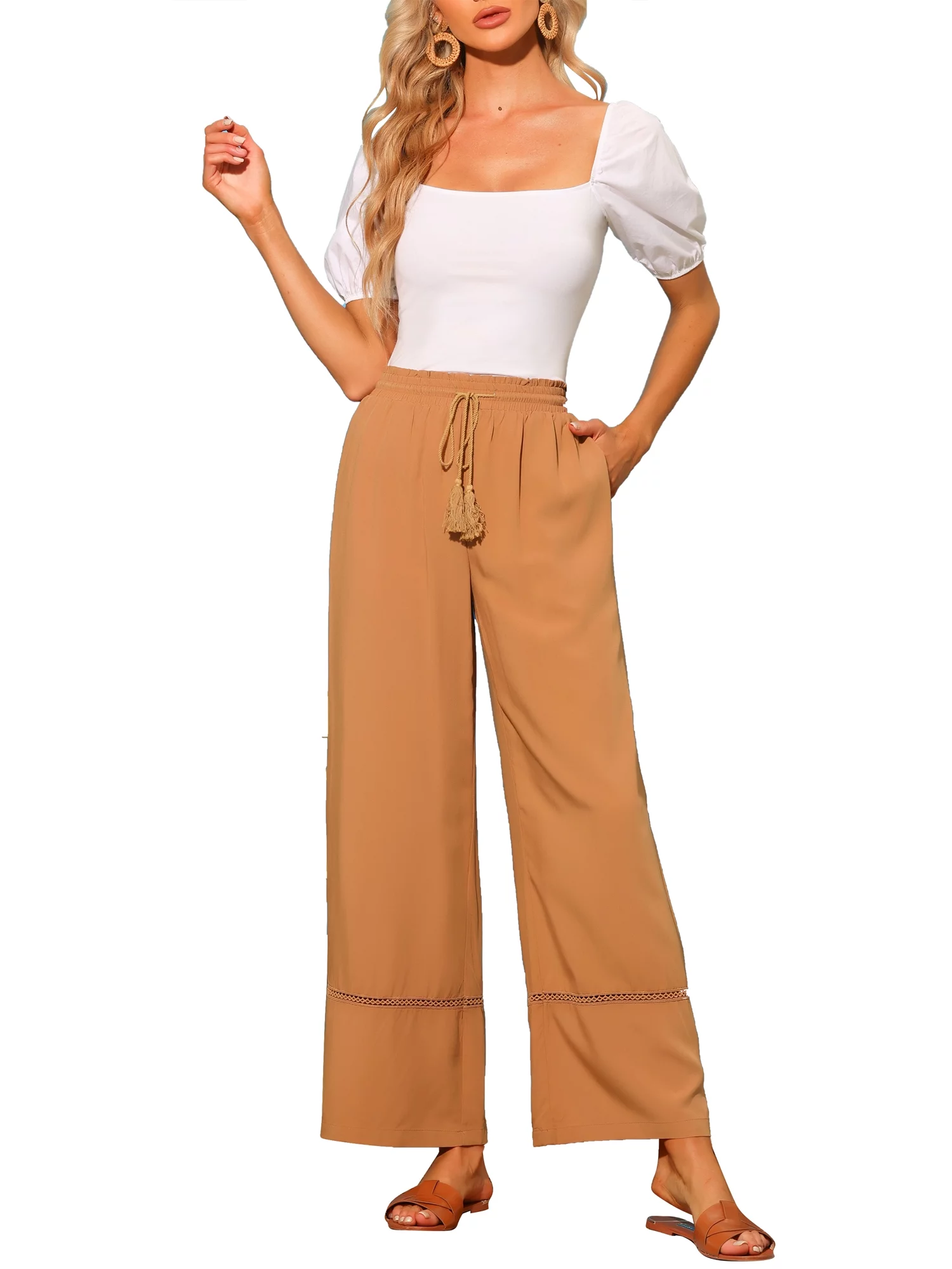 Women's Summer Wide Leg Crochet Hem Ruffle Elastic High Waist Boho Palazzo Pant with Pockets
