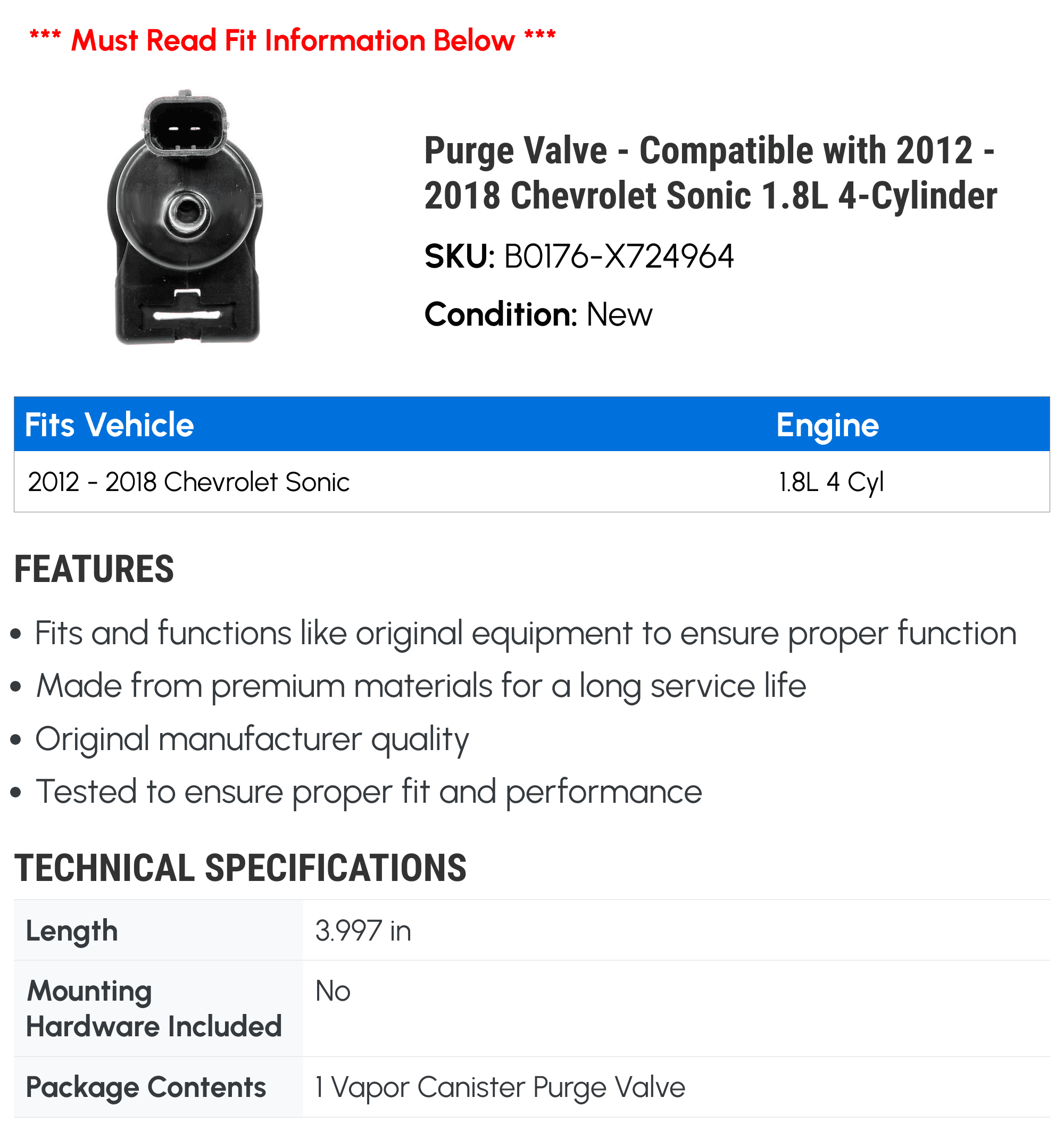 Purge Valve - Compatible with 2012 - 2018 Chevy Sonic 1.8L 4-Cylinder 2013 2014 2015 2016 2017