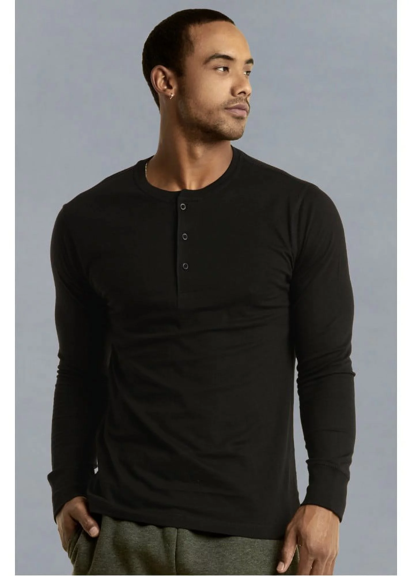 247 Frenzy Men's Essentials Knocker Classic Three-Button Crew Neck Cotton Henley - Black
