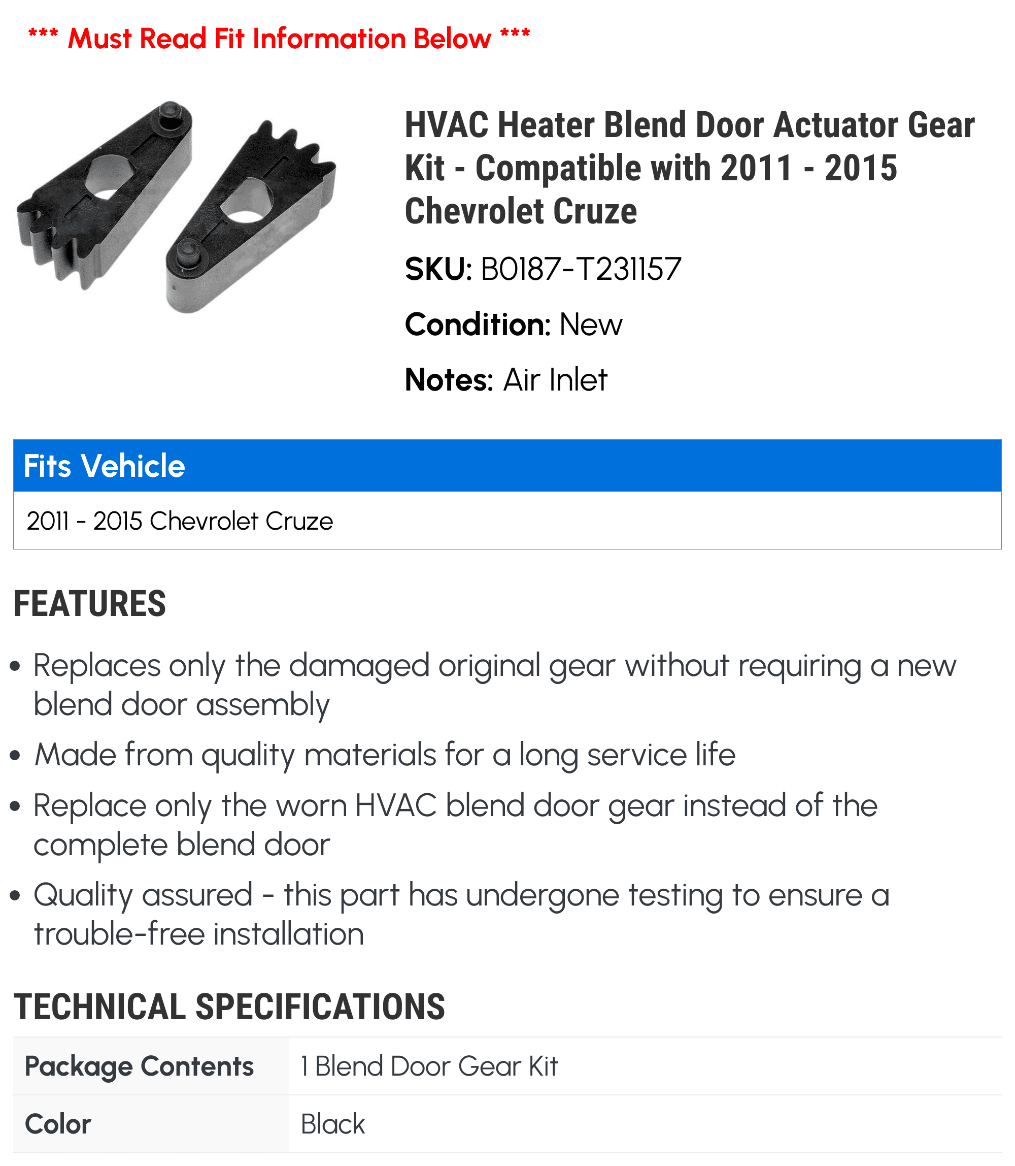 HVAC Heater Blend Door Actuator Gear Kit - Compatible with 2011 - 2015 Chevy Cruze 2012 2013 2014