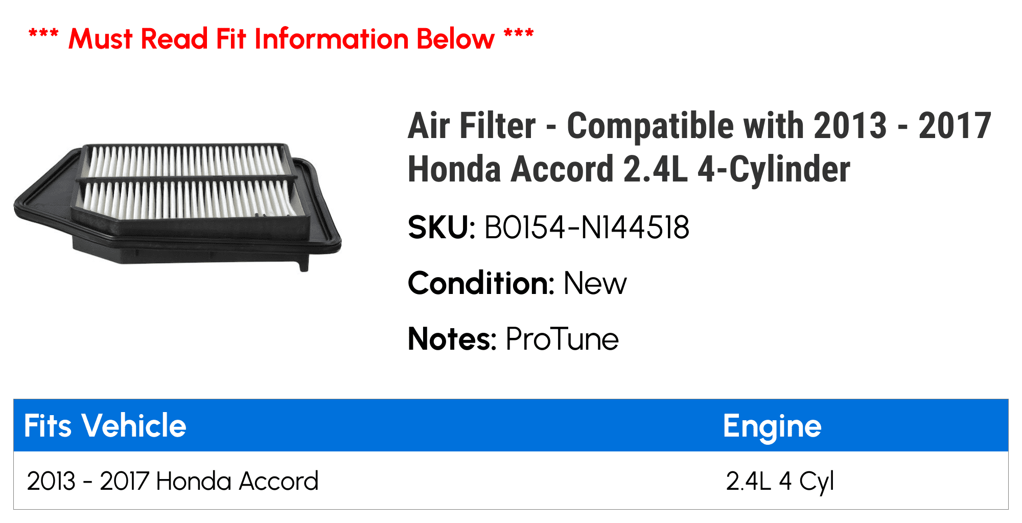 Air Filter - Compatible with 2013 - 2017 Honda Accord 2.4L 4-Cylinder 2014 2015 2016