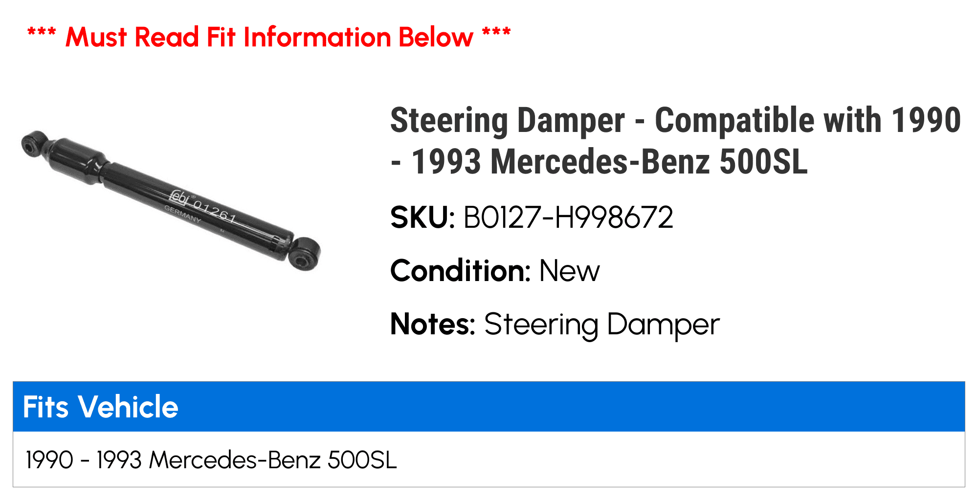 Steering Damper - Compatible with 1990 - 1993 Mercedes-Benz 500SL 1991 1992