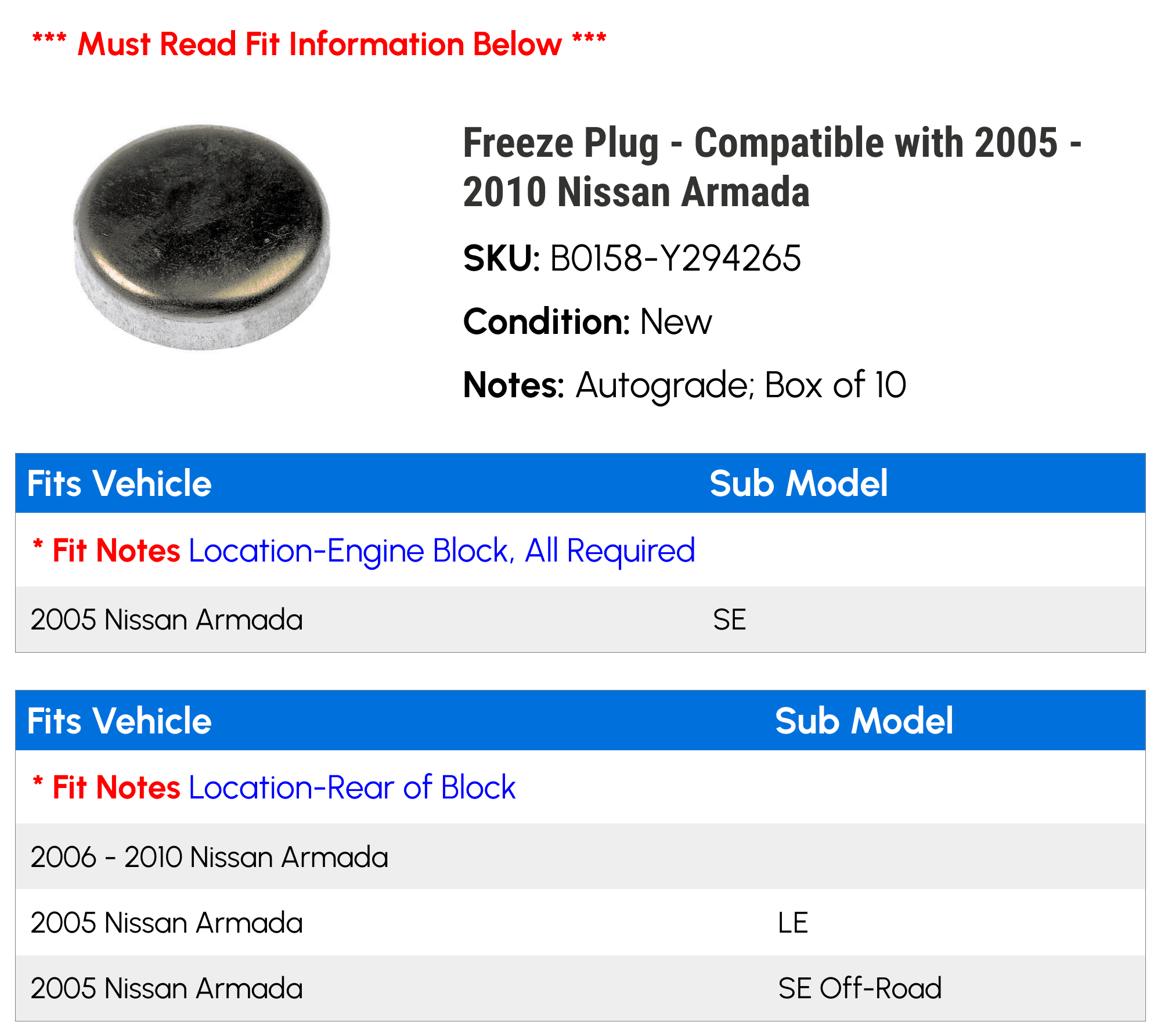 Freeze Plug - Compatible with 2005 - 2010 Nissan Armada 2006 2007 2008 2009