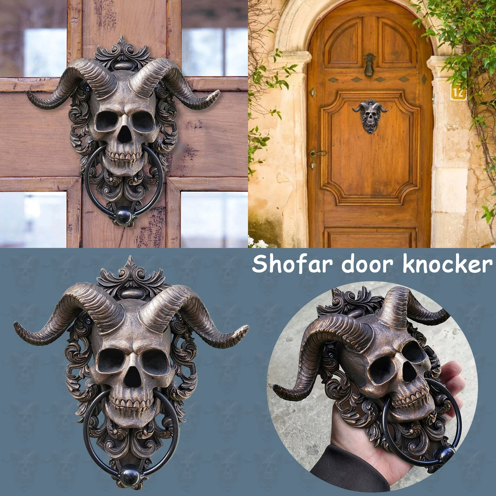 Cieken Horned Skull Hanging Door Knocker-Heavy Duty Gothic Doorknocker-Perfect Decorat