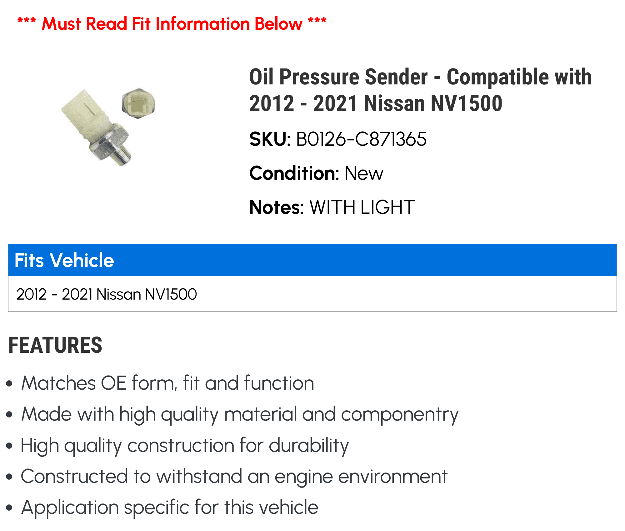 Oil Pressure Sender - Compatible with 2012 - 2021 Nissan NV1500 2013 2014 2015 2016 2017 2018 2019 2020